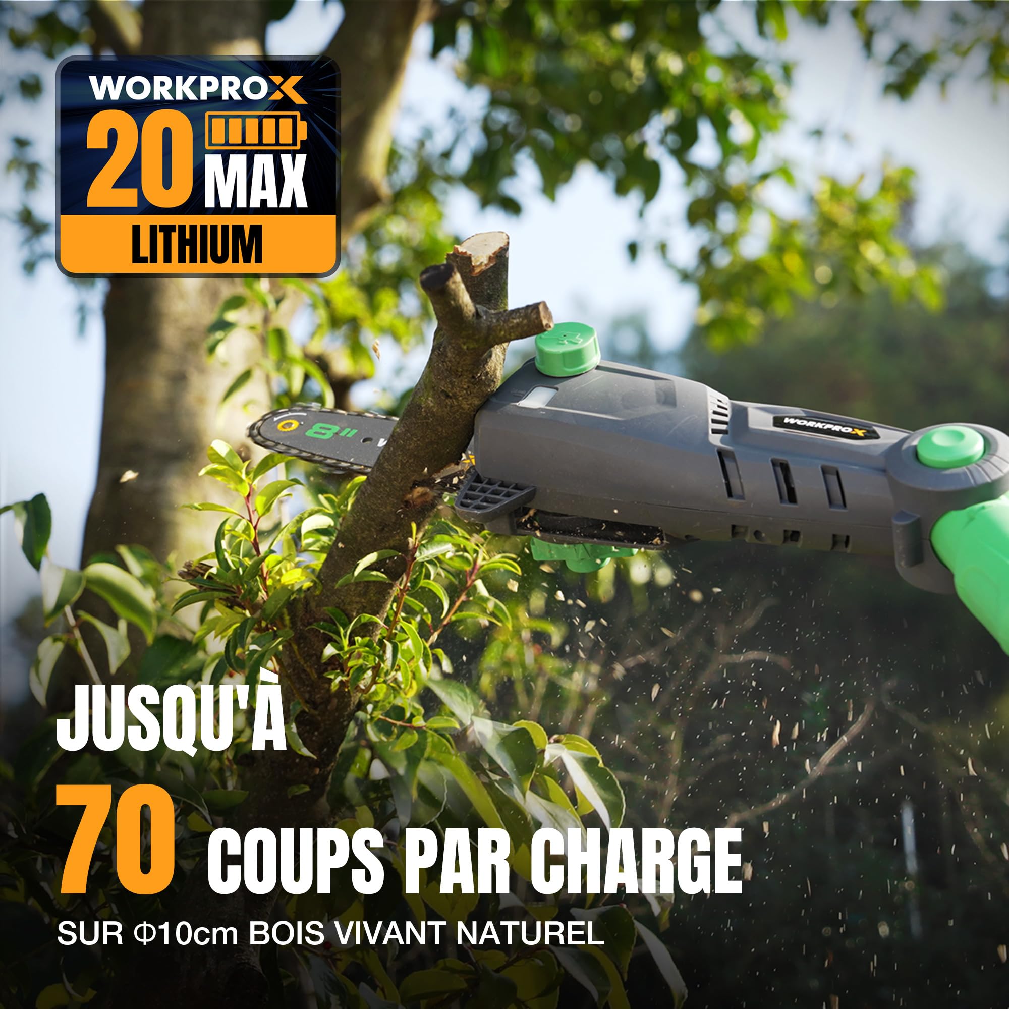 WORKPROX Élagueuse Télescopique sur Perche 20V pour Tailler Branches Hautes – Tronçonneuse à Batterie 4,0Ah, Extension Jusqu'à 4,5 m, Lame 20 cm, Angles de Tête Réglables, Lubrification Auto