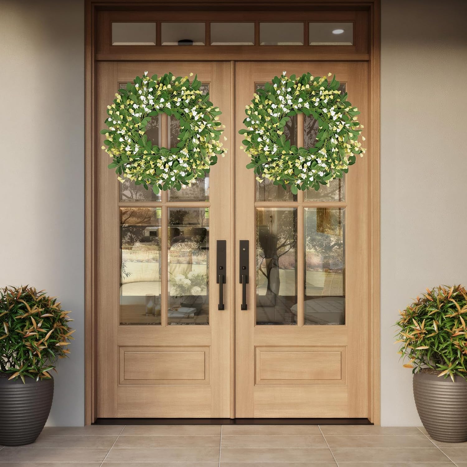 Vlorart Eucalyptus Wreath, 24 Inch Spring Summer Artificial Eucalyptus Floral Wreath with Yellow and White Blossoms for Front Door, Window, Wall, Porch, Farmhouse, All-Season Indoor Outdoor Home Decor - Image 2