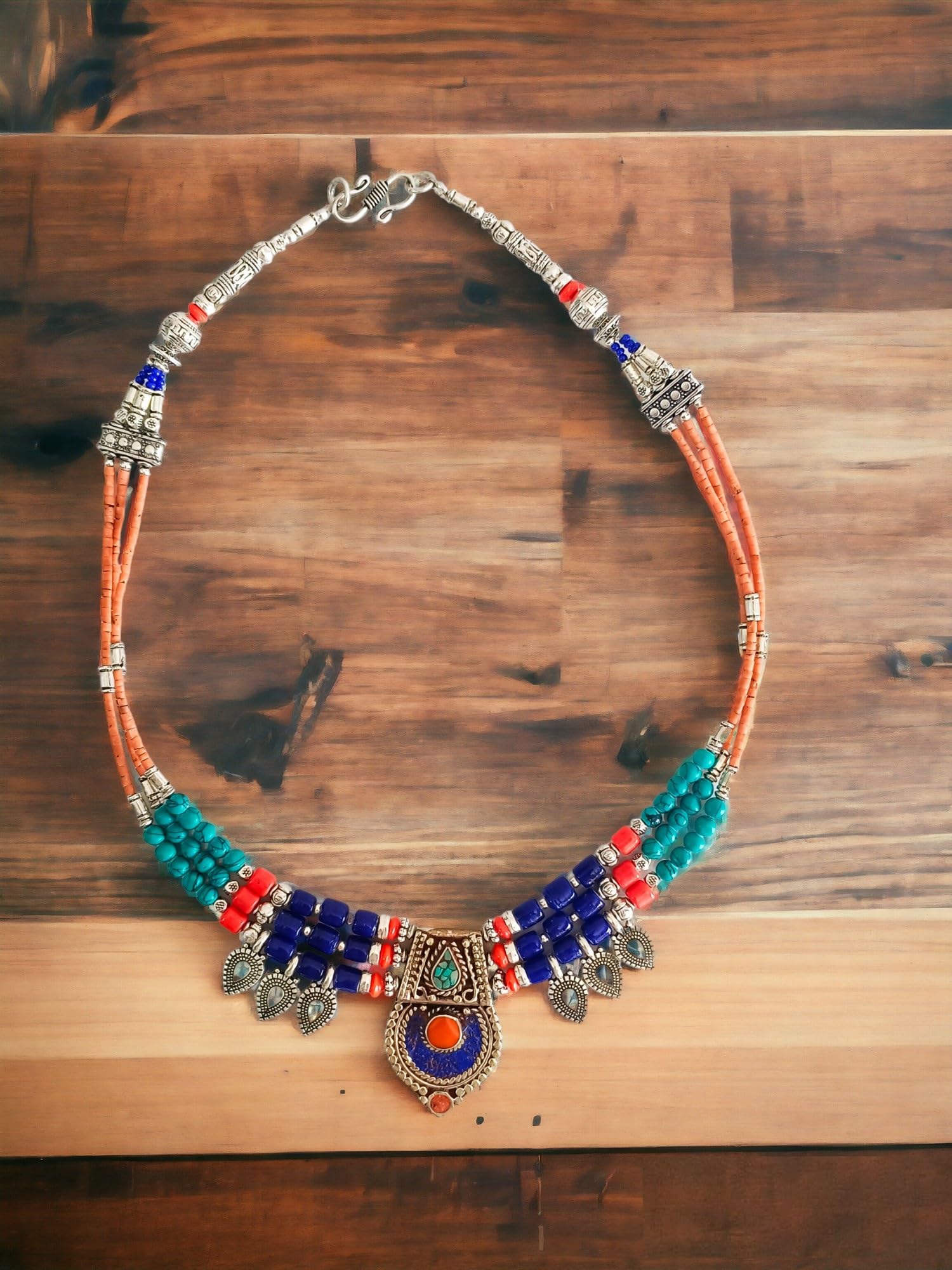 Collier Fait Main Pierre Gemme Lapis Lazuli et Turquoise, Bijoux Mode Bohème Pour Femme, Longueur 18"