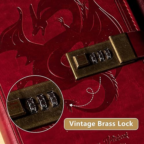 Miniatura 3 de TIEFOSSI Dragon - Cuaderno de cuero, diario con cerradura de combinación, cuaderno de papel rayadoen blanco, diario de escritura B6, papelería (vino)