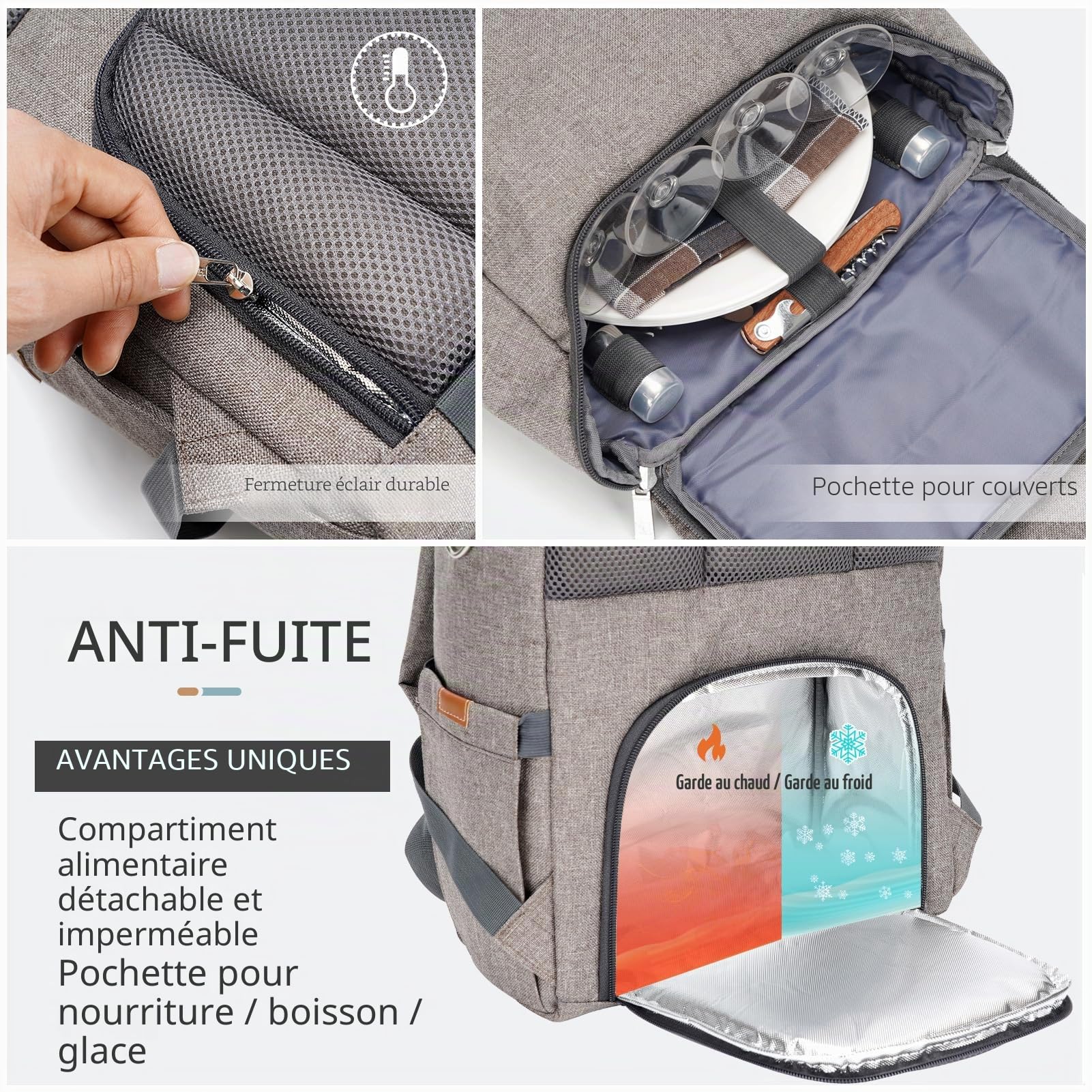 HappyPicnic Sac à dos de pique-nique isolé avec compartiment réfrigérant spacieux, porte-bouteilles et grand tapis de pique-nique imperméable (M avec set de vaisselle complet)