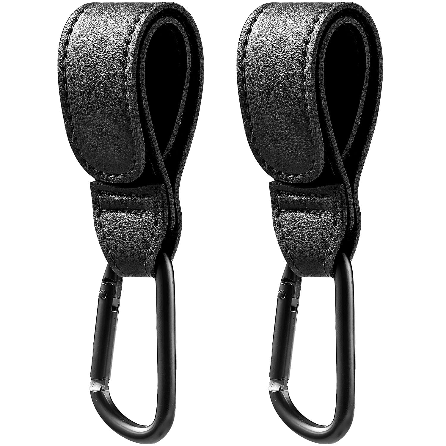 Baby Stroller Hooks Bag Hooks for Hanging Diaper Bags Multipurpose Velcro Hooks for Grocery Shopping Bags Premium Vegan Leather Pram Straps (2 Pcs, Black)