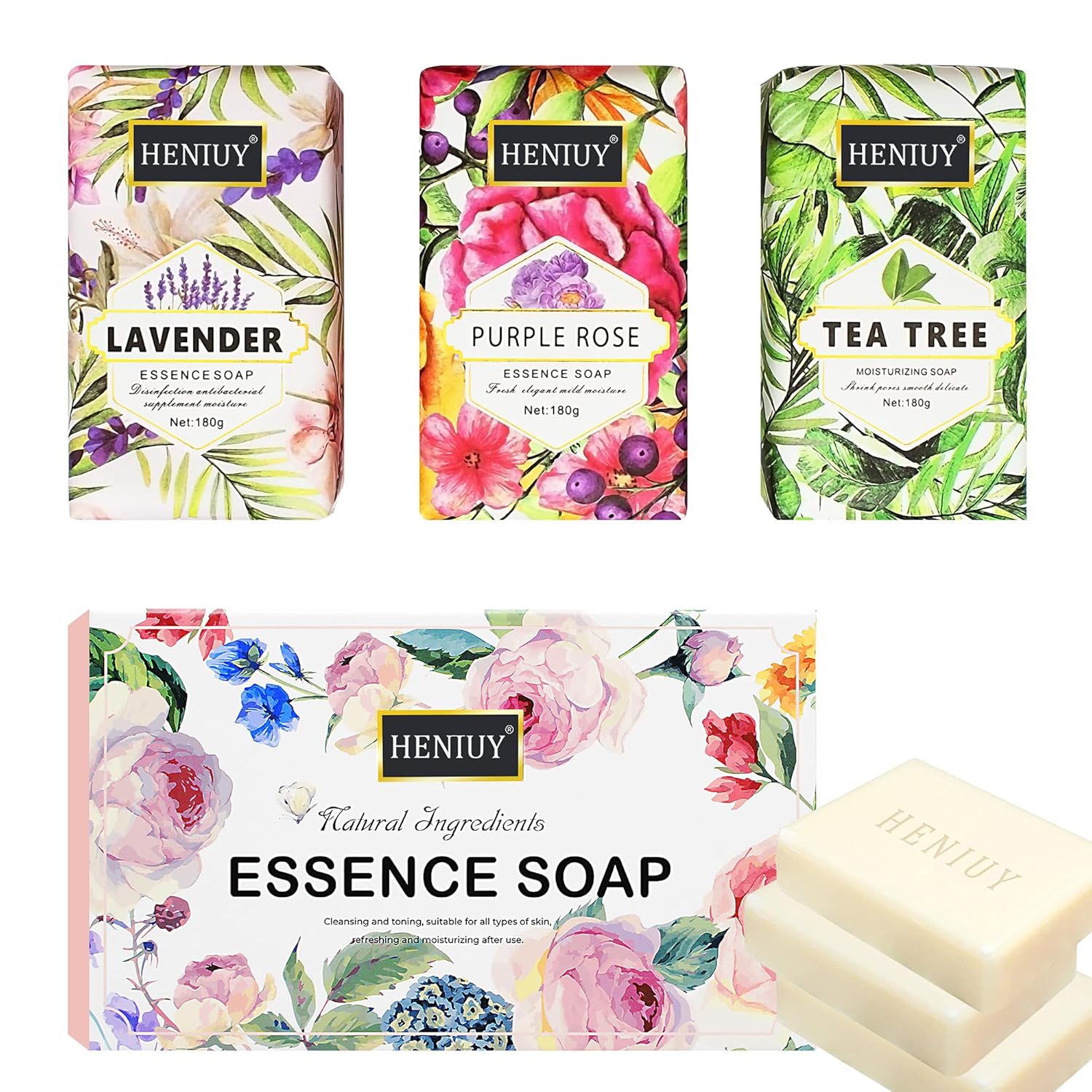 HENIUY Naturals 3 Piece Moisturizing Soap Bar. Body Soap with Natural Ingredients, Floral, Essential Oils, Vitamin E. Bath Soap for Dry Skin, 6.35oz Each : Beauty & Personal Care