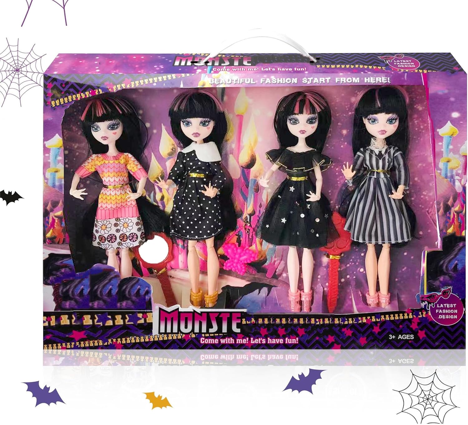 Monster Fashion High Dolls 11.5" Addams Halloween Ghouls with Accessories Girl Gift DIY Toys Ages 3-12.Multicolor Black