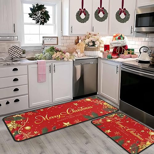 Miniatura 8 de Juego de 2 alfombras y tapetes de cocina de Navidad, decoraciones de Navidad para el hogar, con parte trasera antideslizante, tapete de cocina de