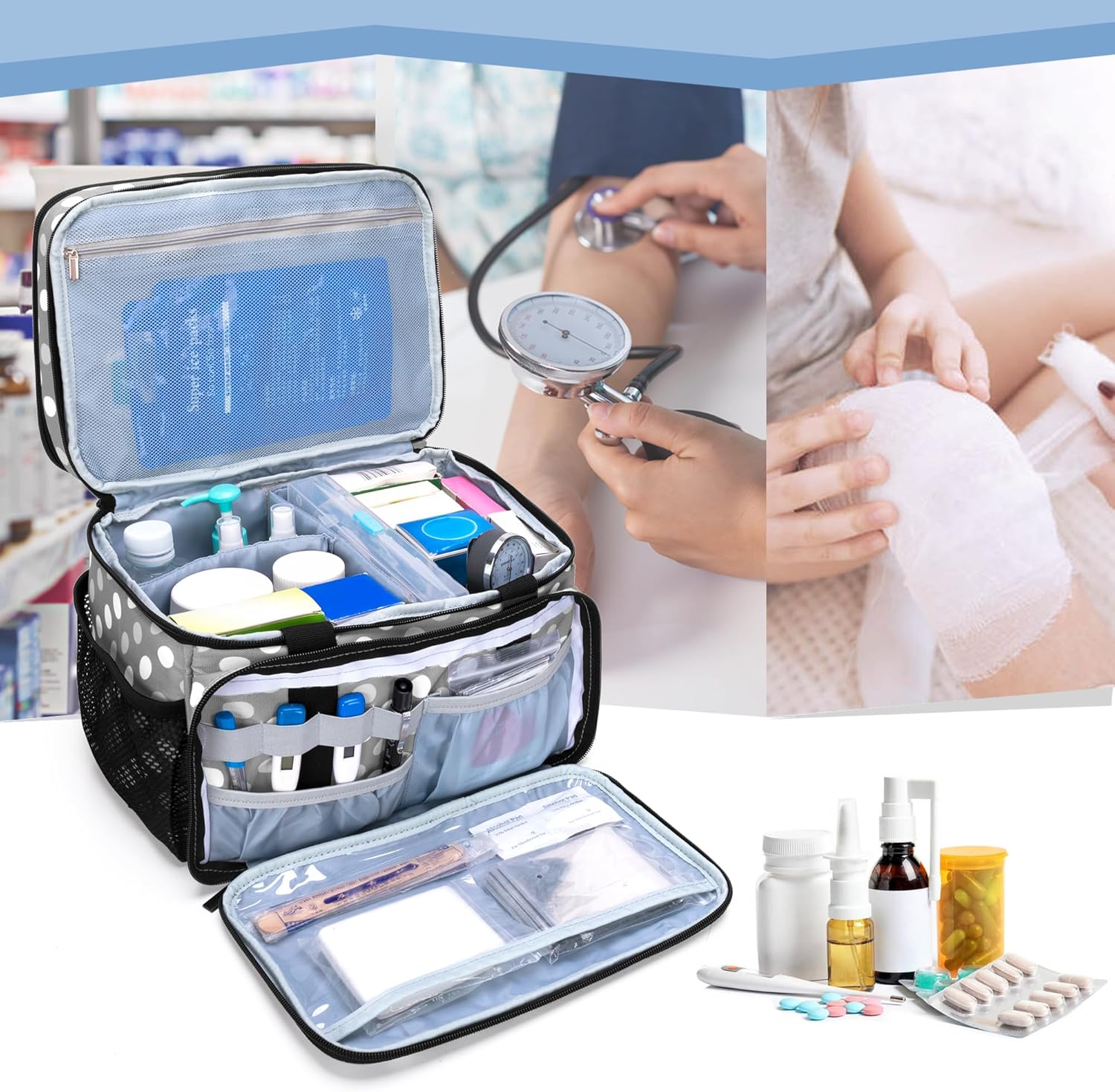 LUXJA 2 Layers Medicine Bag with Detachable Divider, Pill Bottle Organizer Suitable for Home or Travel Use, Gray Dots - Image 7