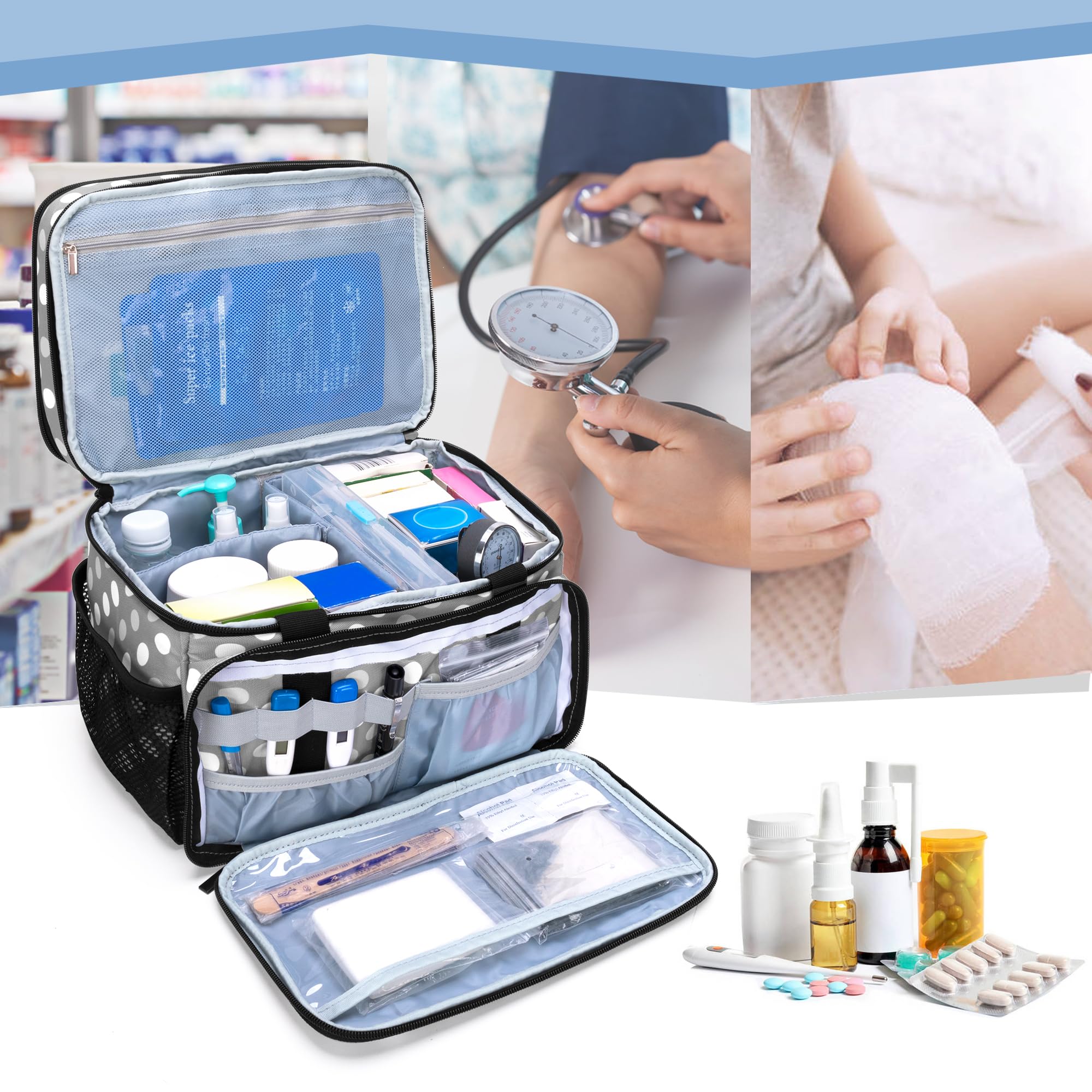 Luxja Sac de Médecine 2 Couches avec Séparateur Amovible, Sac de Rangement de Médicaments Convient pour Maison ou Voyages (Sac Seulement), Points Gris