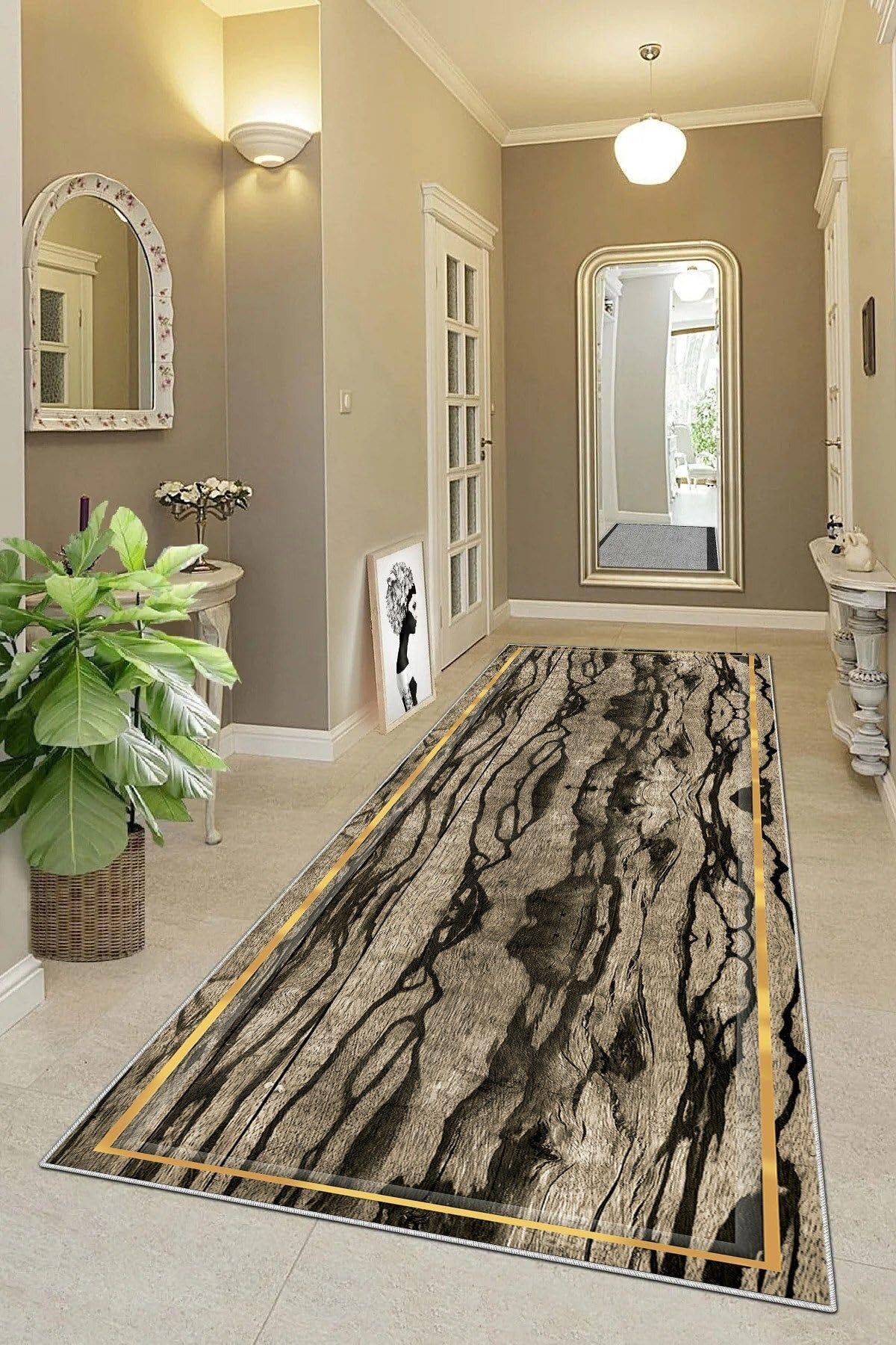 Pelangi Ağaç Gövdesi Mermer Desenli Dijital Baskı Yıkanabilir Kaymaz Taban Salon Halı ve Yolluk, Gold-Kahve 100 x 400, 95548961004007