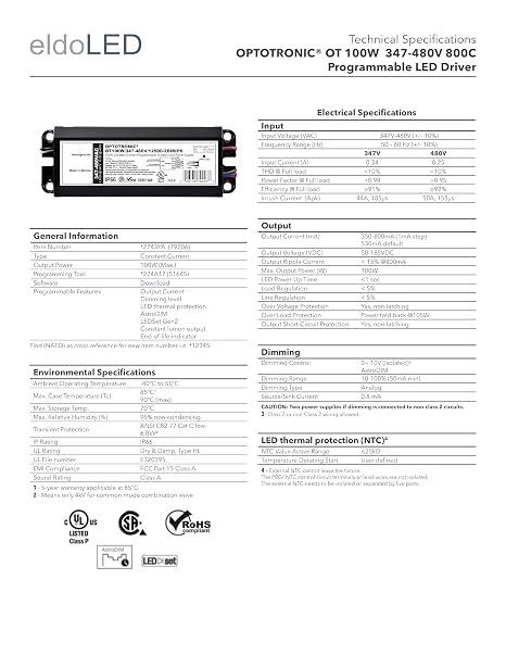 eldoLED | 2743YA OPTOTRONICOT 100W 347-480V 800C Programmable LED Driver | Replacement for Osram Driver 79206 New Part# Ot100W/347-480/800C/2DIM/P6