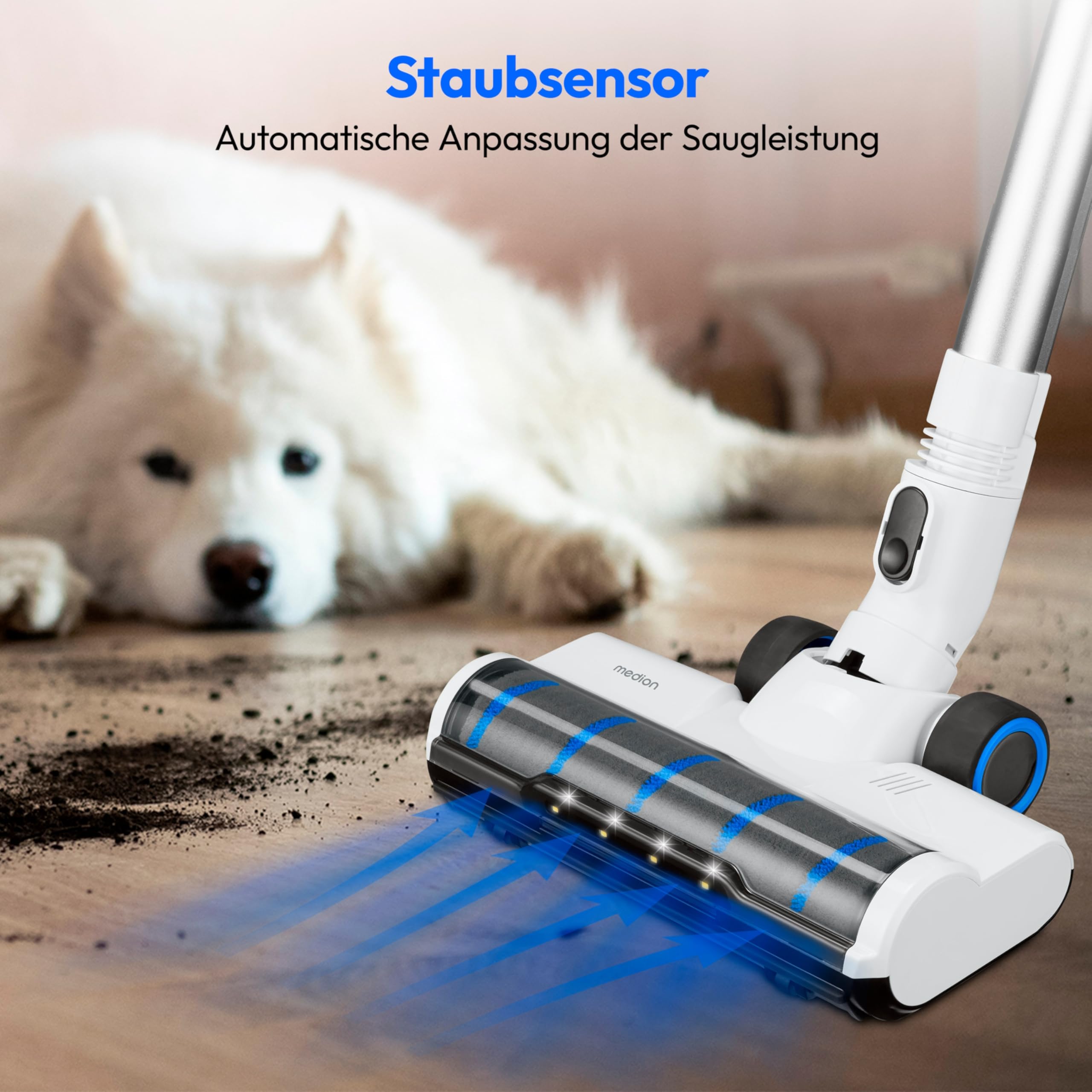 MEDION P400 W+ Akku-Stielstaubsauger mit Wischfunktion (elektrischer Wischaufsatz, kabellos, beutellos, Zyklon-Technologie, 400 Watt, Handstaubsauger, Staubsensor, HEPA H13, Bürstenrolle)