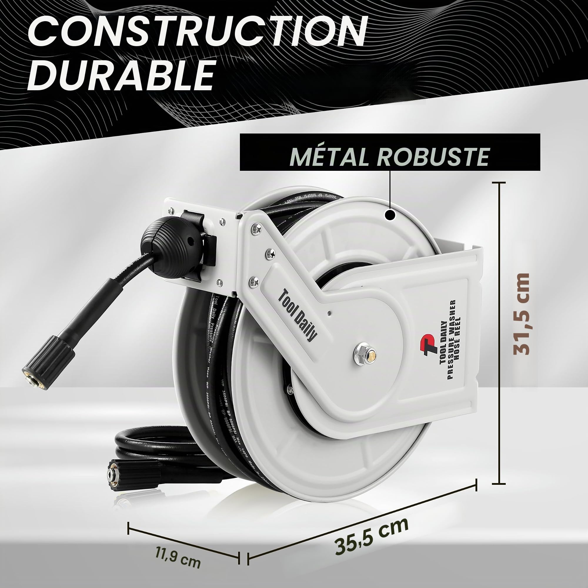 Tool Daily Enrouleur de Tuyau Rétractable pour Nettoyeur Haute Pression, 18m x 1/4'', Enrouleur de Tuyau Haute Pression Robuste 250 bar (3600 PSI), Fixation Murale ou au Sol