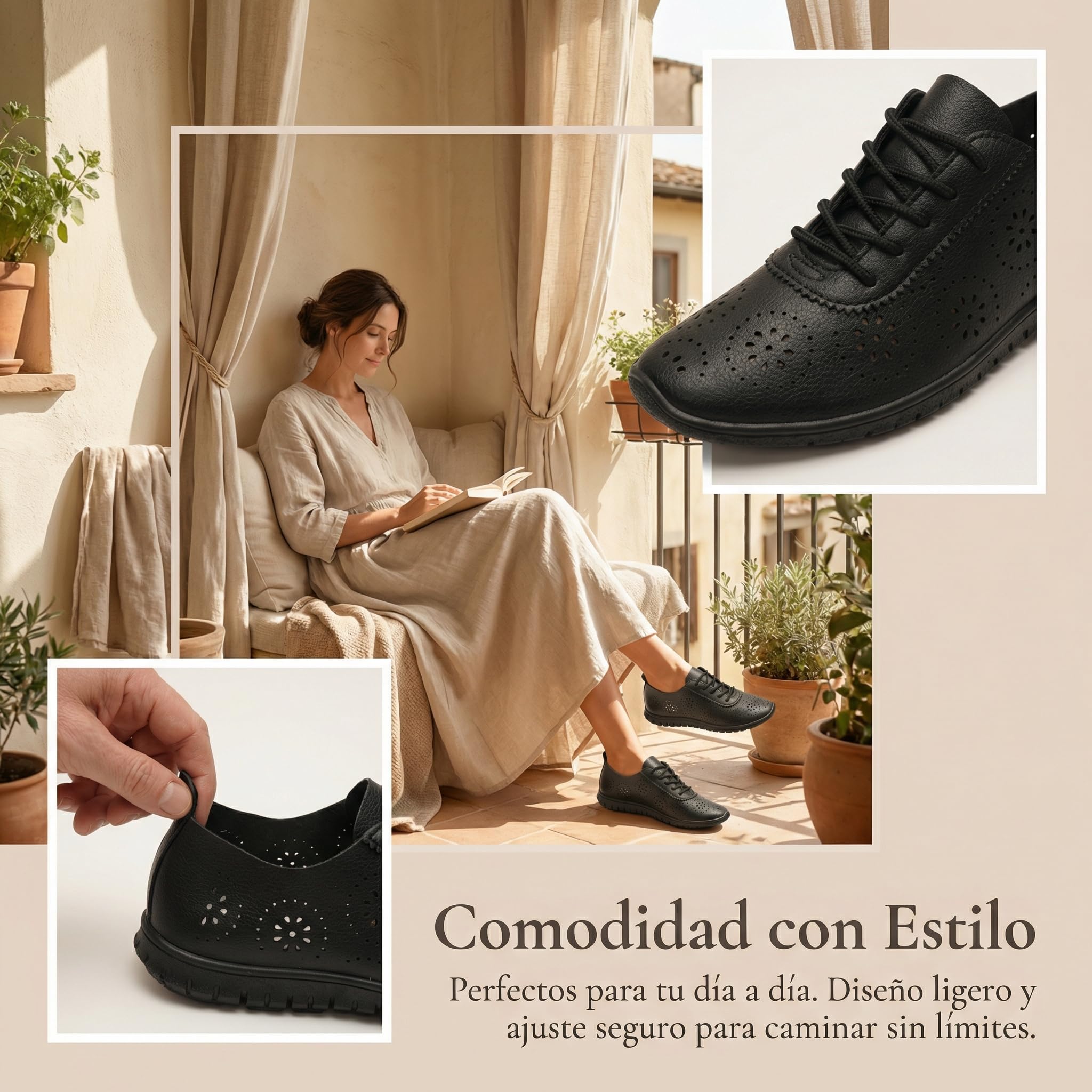 GLAMORA Zapatos Mujer Cordones Calados Transpirables Cómodos Ligeros Suela Flexible Antideslizante Plantilla Blanda Punta Fina Calzado Verano Ajuste Cómodo