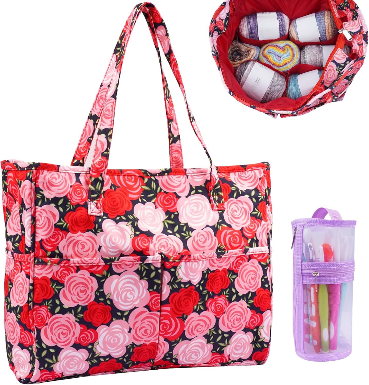 Hobekoee Crochet Bag Organizer Yarn Storage Organizer,Portable Yarn Bag with Multiple Pockets for Yarn Balls Knitting Crochet Accessories