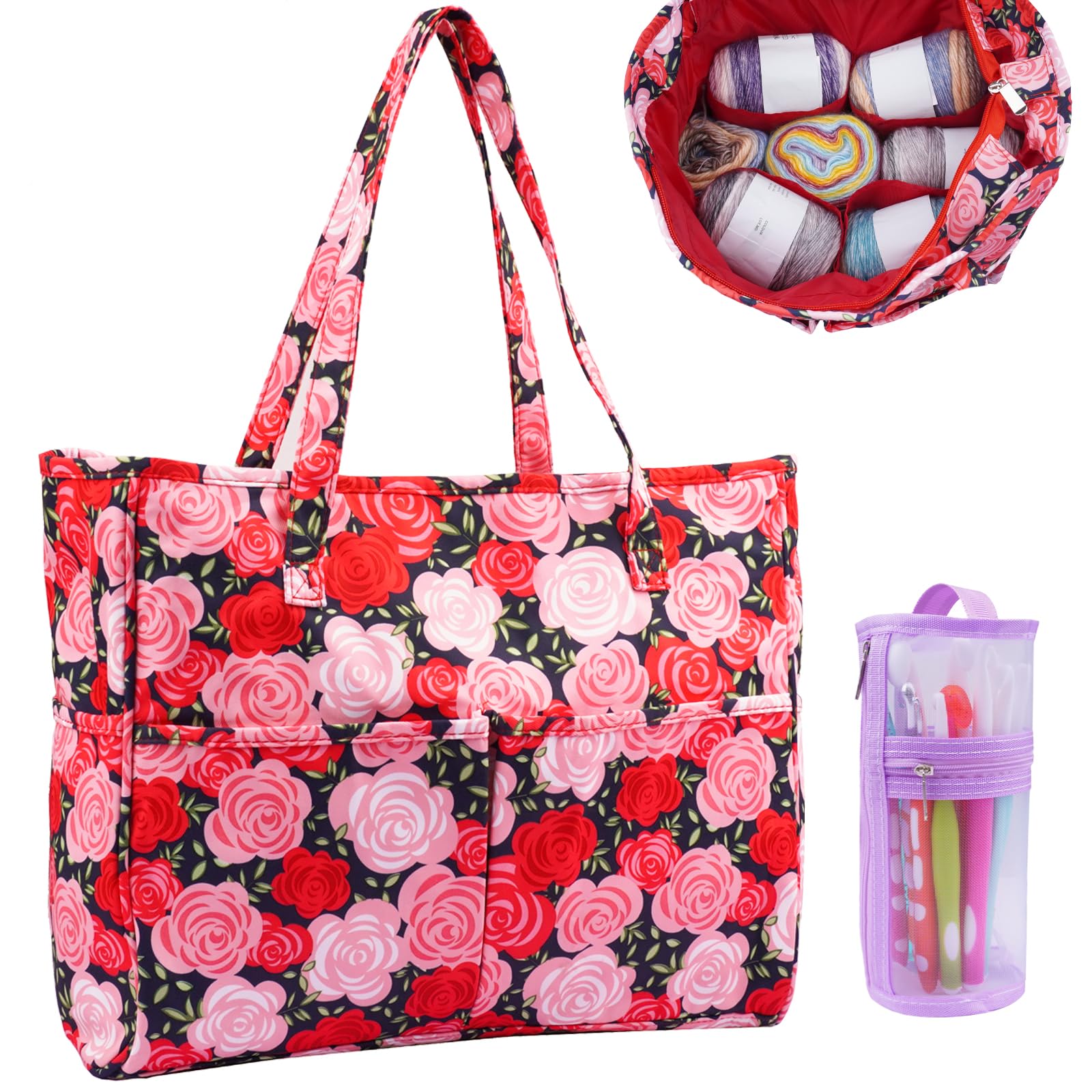 Häkeltasche, Organizer, Garnaufbewahrung, Organizer, tragbare Garntasche mit mehreren Taschen für Garnbälle, Stricken, Häkelzubehör