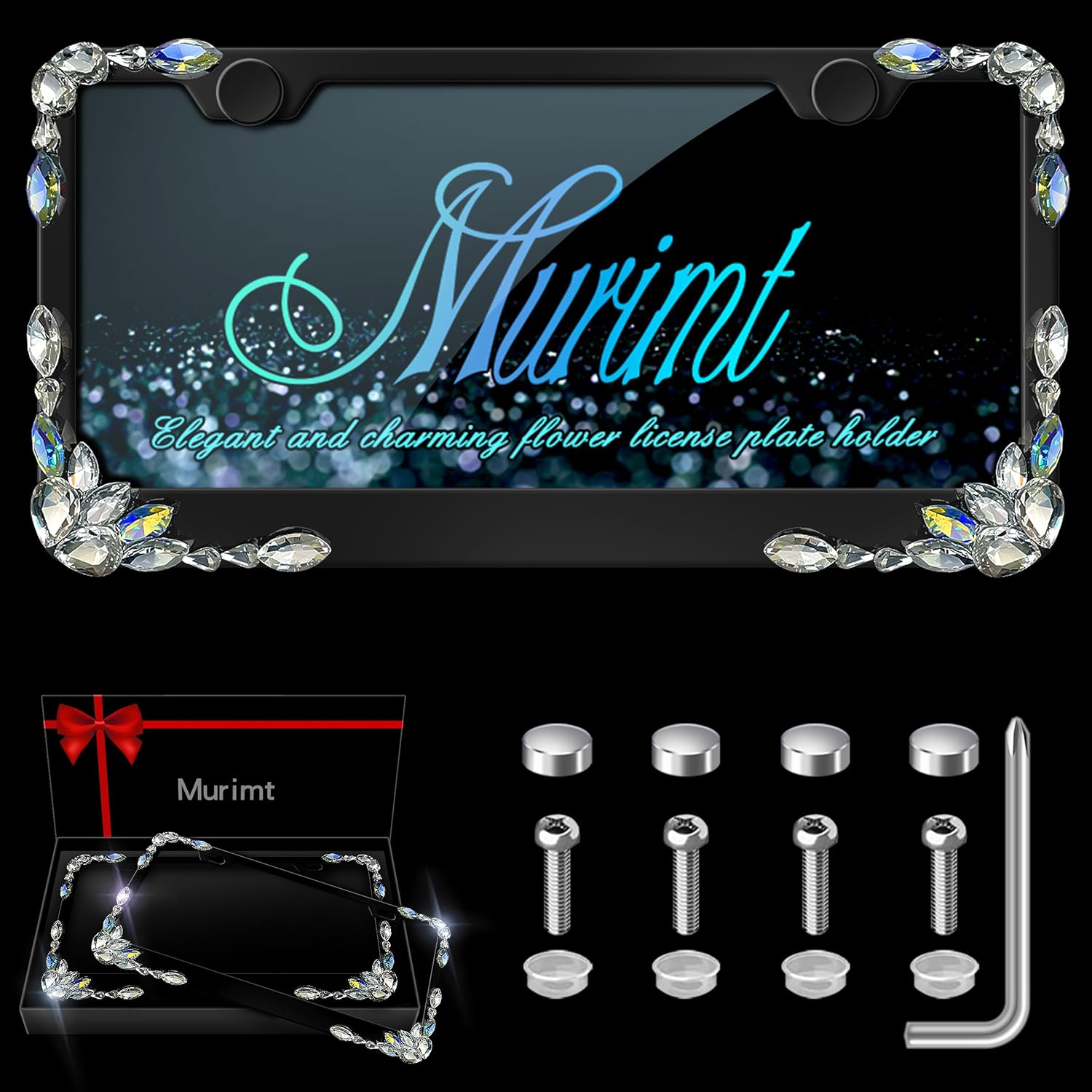 2 Pack Bedazzled License Plate Frame for Women- Gem Diamond Rhinestone Bling License Plate Frames Handcrafted Stainless Steel License Plate Cover | Holder High-End Gift Box(Black)
