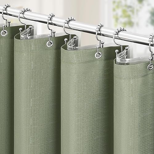 Miniatura 11 de MitoVilla Juego de cortina de ducha 3 en 1, cortina de baño de lino texturizado estilo bohemio blanco de granja y forro transparente de PEVA con 12