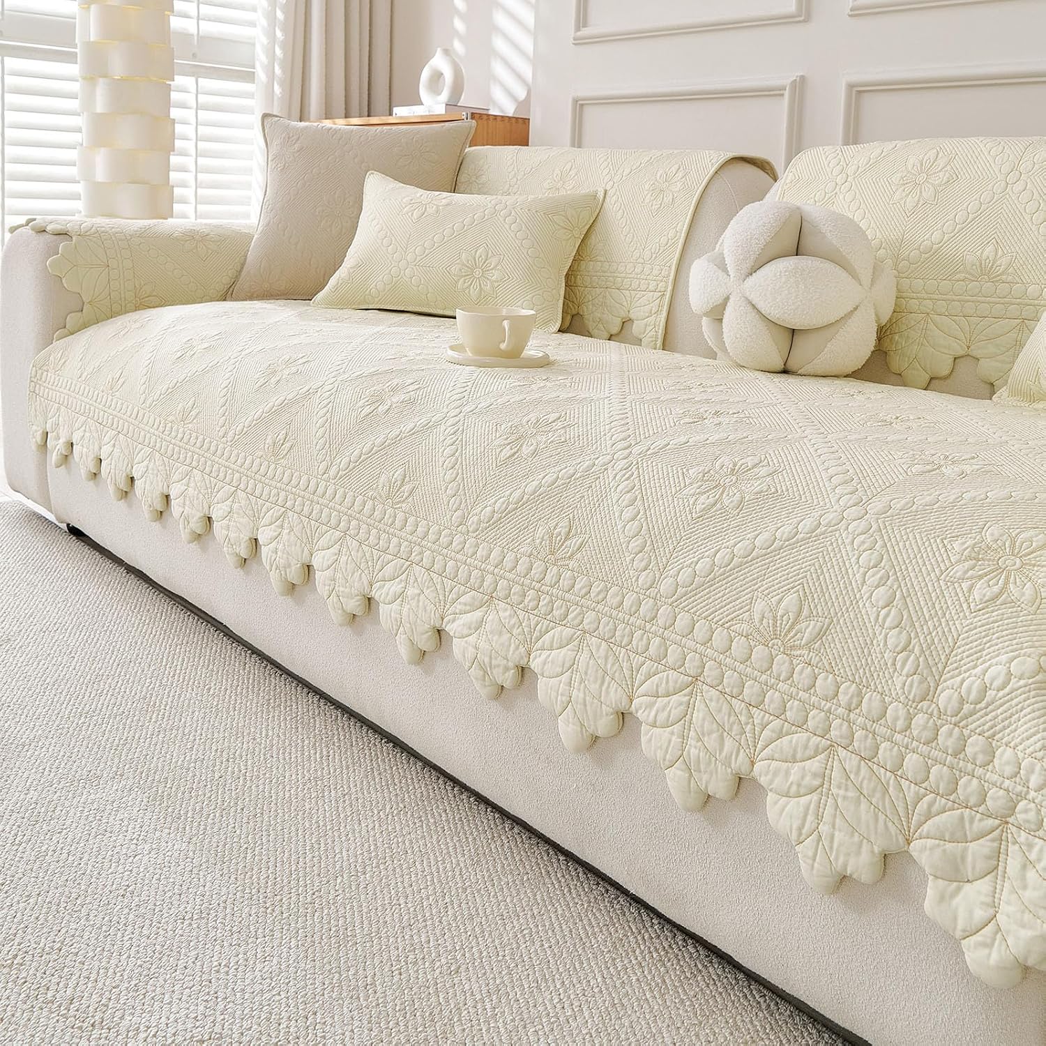 vctops Farmhouse 100% Cotton Quilted Couch Cover Floral Embroidered Sofa Cover Non-Slip Soft Sofa Slipcover Washable Furniture Protector (Cream,28"x70")