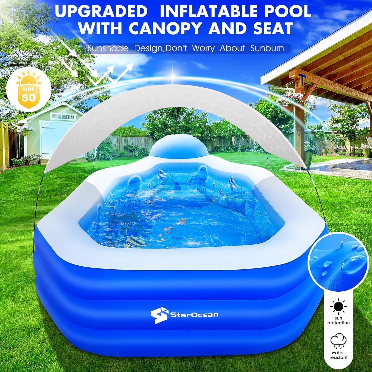 Inflatable Pool with Canopy, Large Inflatable Swimming Pool for Adult, Blowup Pools with Seats,Backrest.Durable Thickened Inflatable Pools for Backyard,118"x75"x22"-Gray