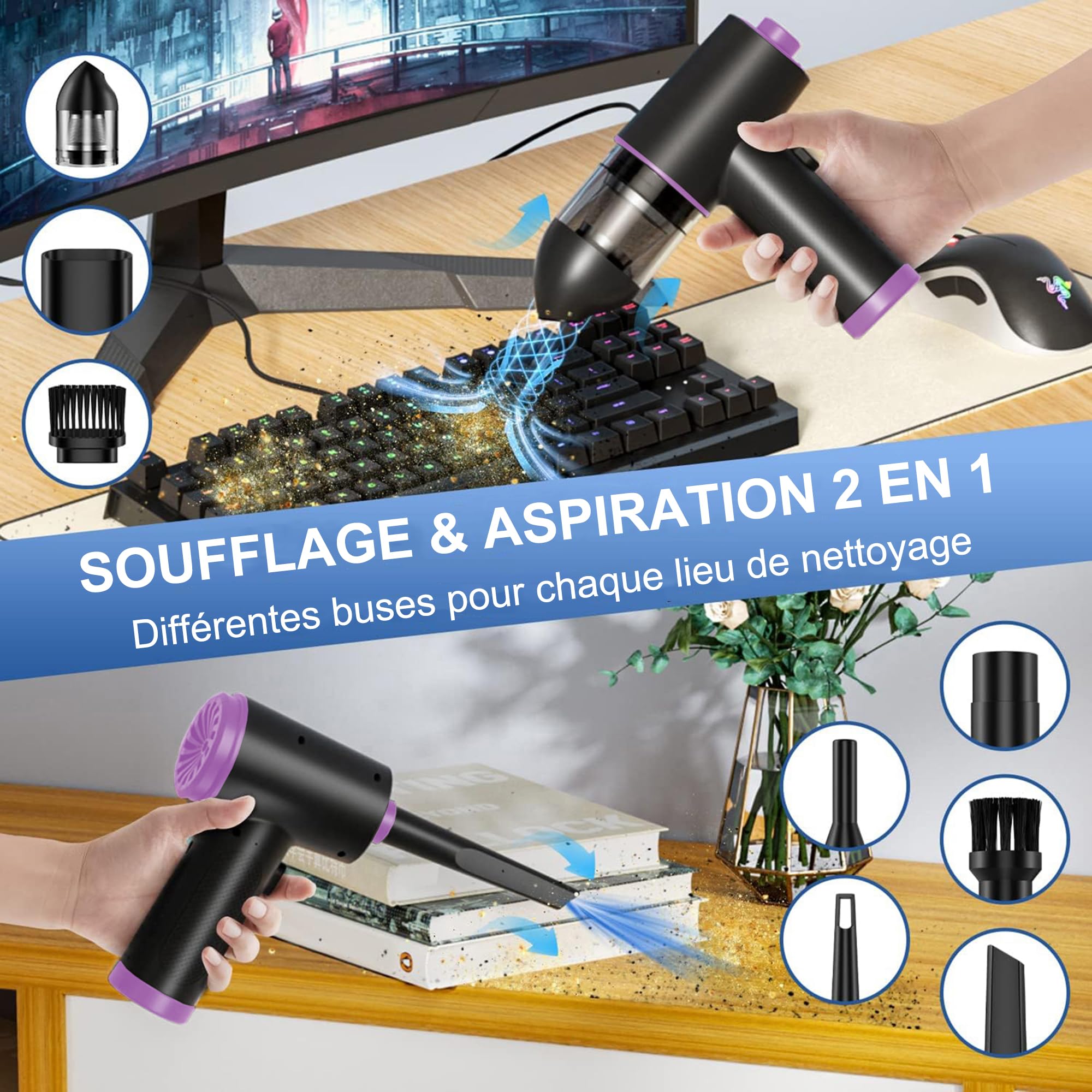 Souffleur Air Comprimé et Aspirateur 2 en 1, Bombe Air Sec - Nettoyage PC,7600 mAh,91000RPM électrique Air Comprimé Nettoyage PC pour Ordinateur,Clavier,Voiture Nettoyage