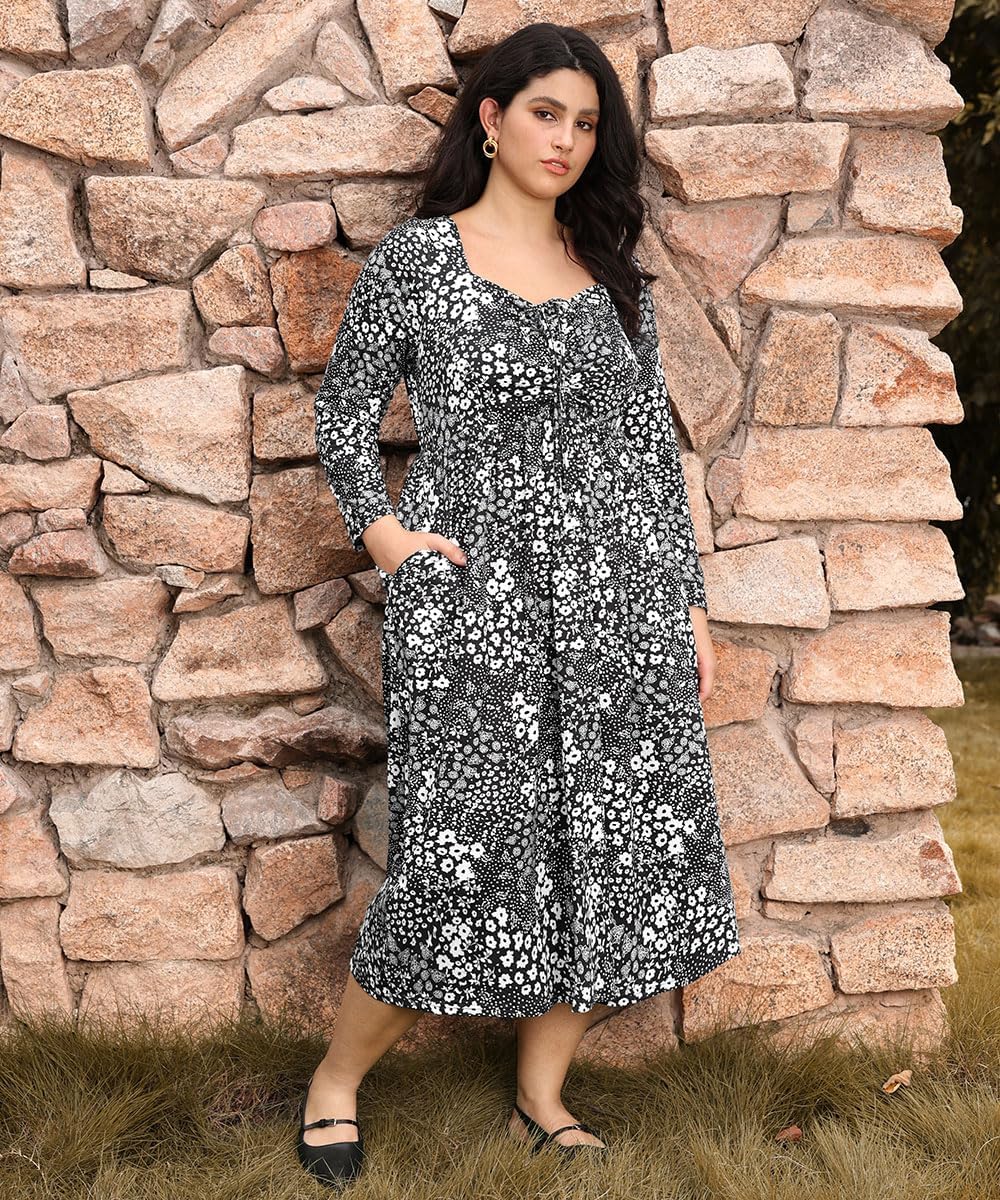 CARCOS Plus Size Dresses for Curvy Women Tie Sweetheart Neck Fall Maxi Dress Long Sleeve Empire Waist Floral Boho Dress - Image 3