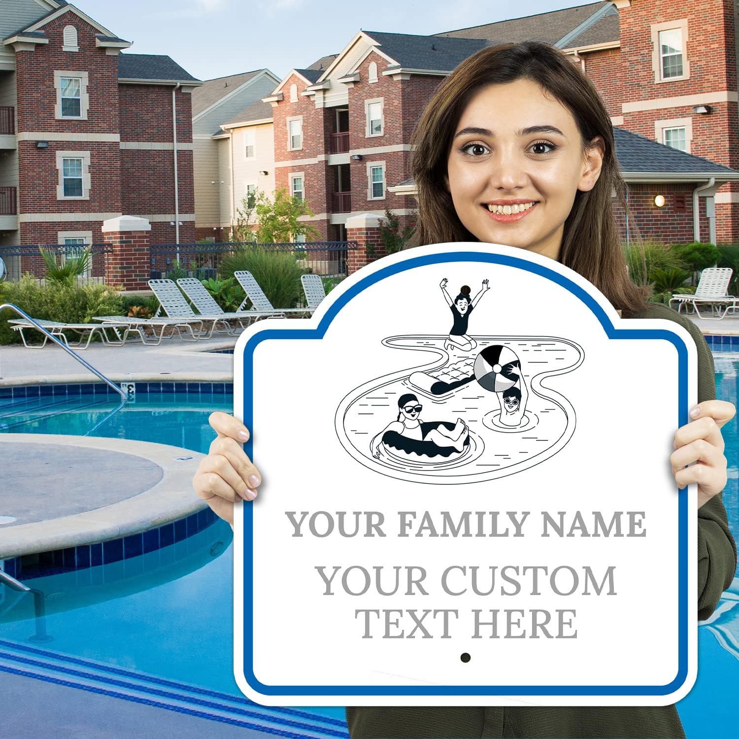 Custom Pool Sign Personalized Swimming Pool Decor Sign with Graphic, 18x18 Inches, ACM, Fade Resistant, Made in USA