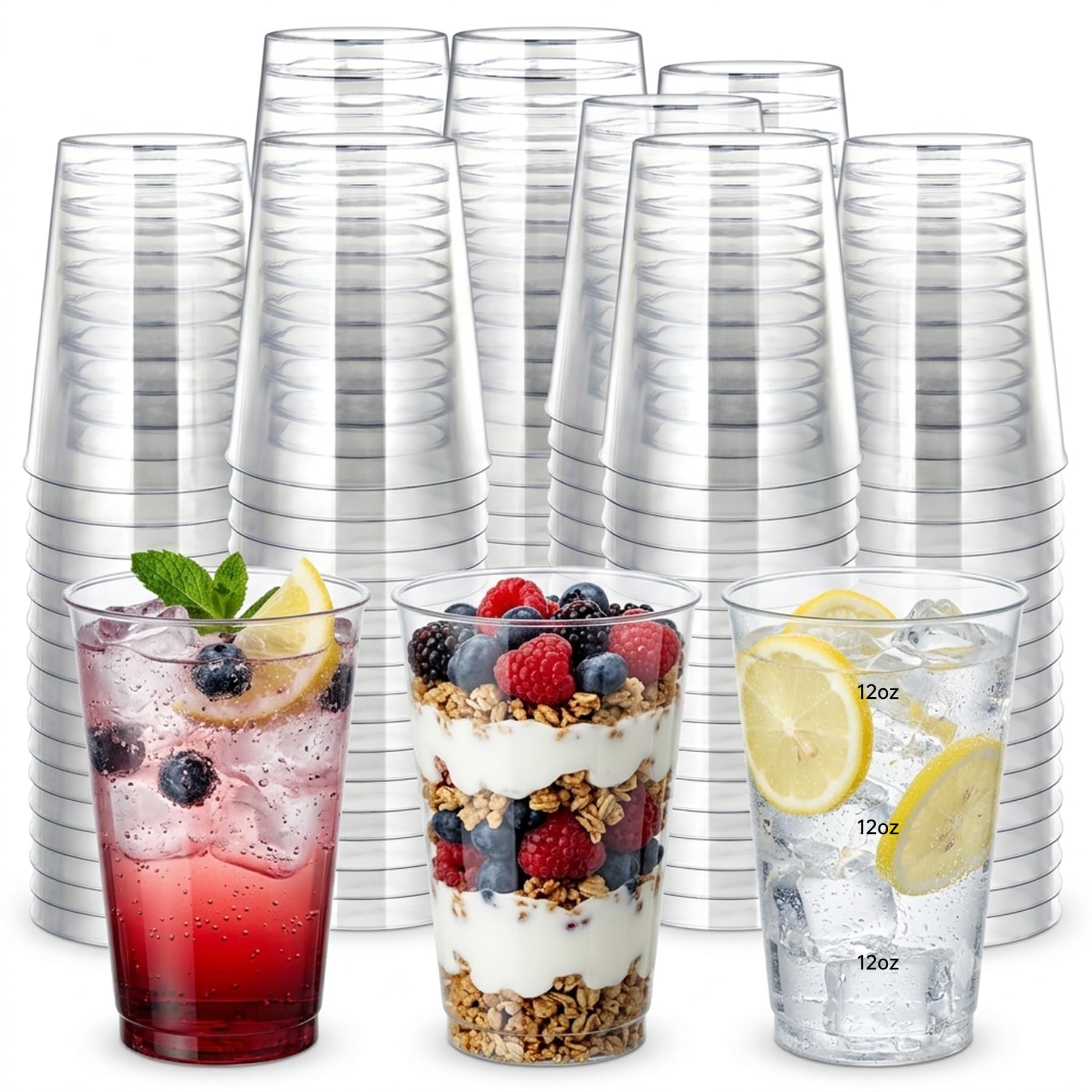 Byvivace Vasos de plástico duro, vasos desechables para fiestas, 340 ml, transparentes, elegantes, vasos de boda, copas de vino desechables para fiestas, 100 unidades