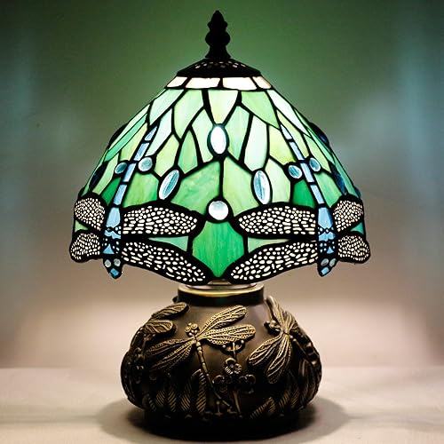 Lámpara de mesa pequeña Tiffany W8H11 pulgadas Tiffany verde libélula estilo de la lámpara de vidrieras de bronce tipo hongo base de resina mini