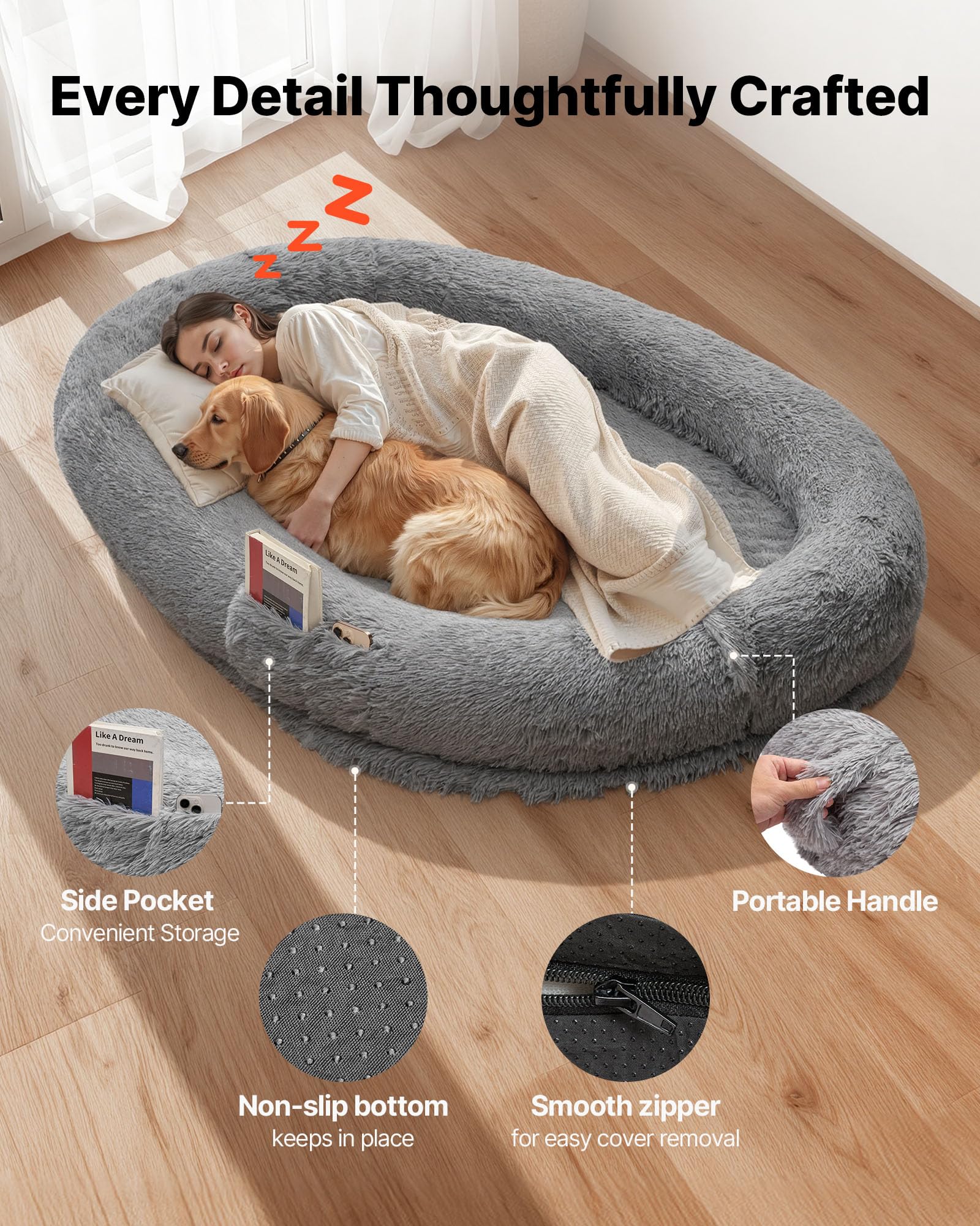 VEVOR Cama Acogedora para Perros, Diseño Ovalado, 174 x 118 x 24 cm, Espuma Viscoelástica, Tamaño Humano, con Bolsillo Lateral, Asa y Cremallera, Funda Extraíble y Lavable a Máquina, Gris Oscuro