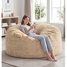 fond + found Giant Bean Bag Chair with Plush Quilted Cover, 5FT Khaki | Plush Quilted Fabric, Portable Handle, Removable Cover, Pocket, Reading, Gaming, Relaxing, Living Room, Bedroom, X-Large