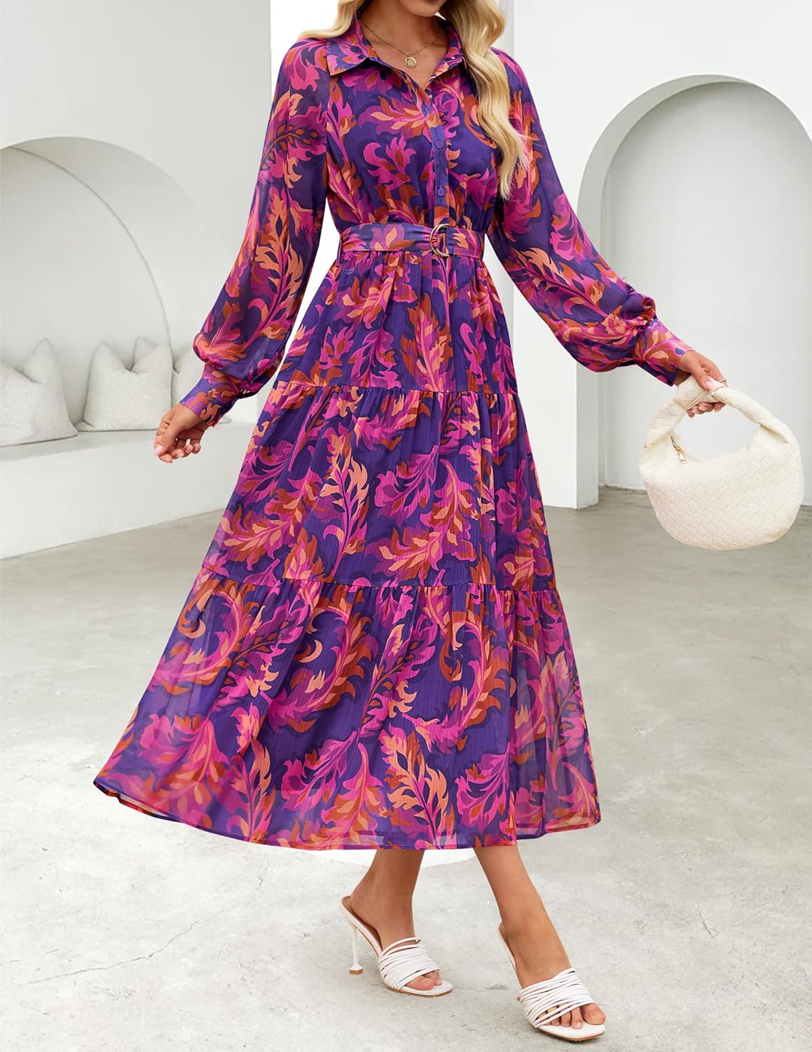 ZESICA Women's Spring Floral Long Sleeve Maxi Dresses 2026 Casual Button Belted Chiffon Boho Wedding Guest Party Dress - Image 4