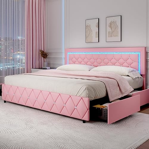 Miniatura 18 de Base de cama de tamaño matrimonial con luces LED, base de cama tapizado con cajones de almacenamiento, cama de plataforma princesa con cabecera y