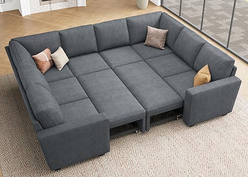 Miniatura 14 de HONBAY - Sofá seccional modular con cama desplegable, sofá en forma de L de chenilla con asientos de almacenamiento, sofás seccional convertible