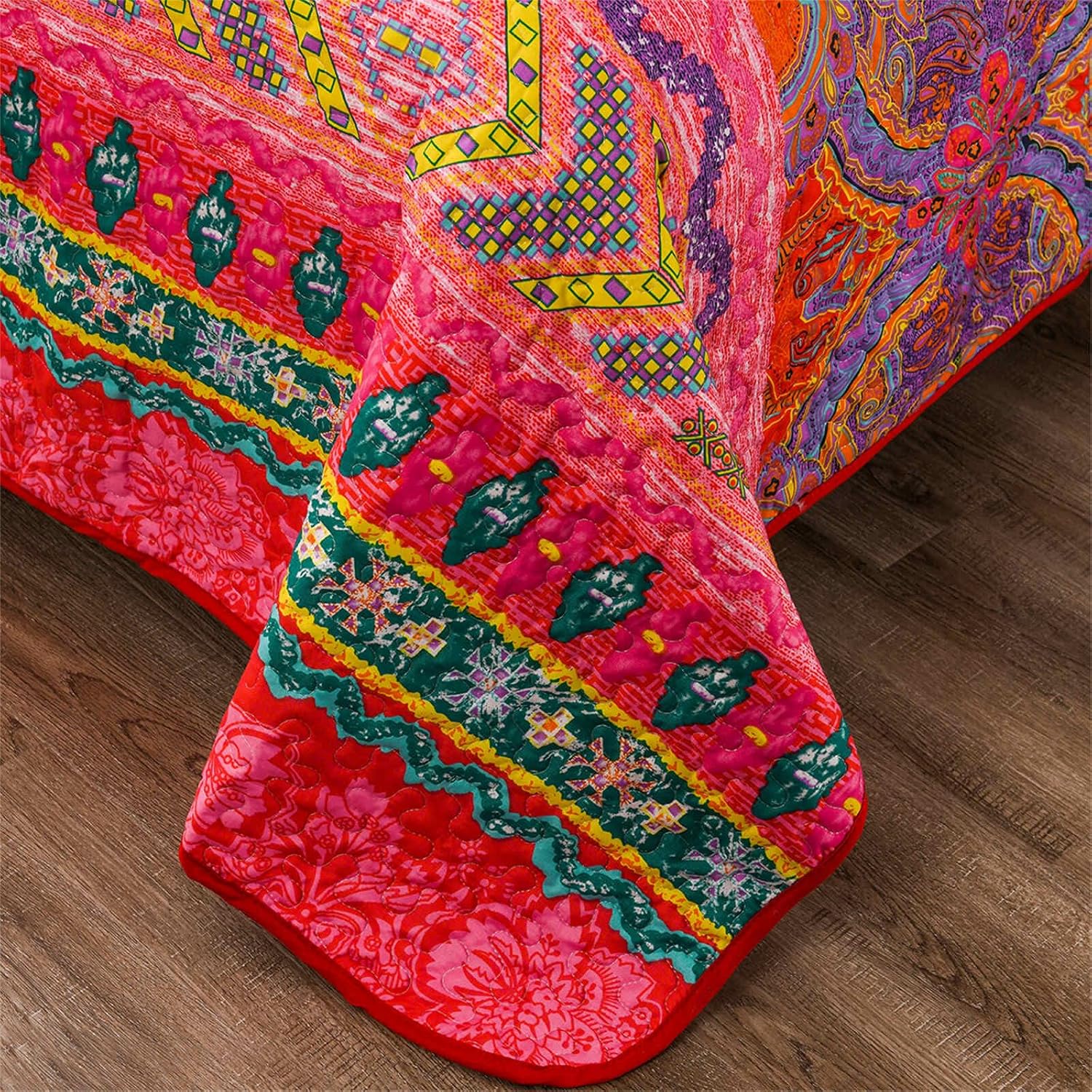 Colorful Bohemian Quilt Set Queen Size Boho Red Green Exotic Printed Bedspread Set 3 Pieces Vibrant Vintage Ethnic Striped Microfiber Bed Coverlet for All Seasons - Image 6