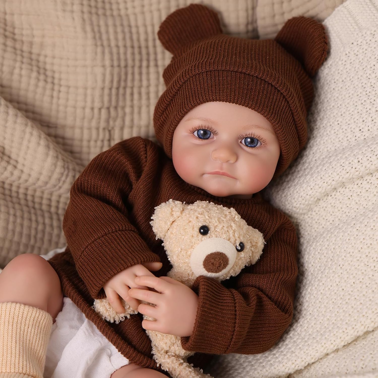 BABESIDE 17 Inch Reborn Baby Dolls, Lifelike Newborn Doll with Soft Cloth Body, Handmade Baby Doll with Bear Hat & Toy, Set Includes Bottle, Magnetic Pacifier, Clothes, Gift for Kids Age 3+