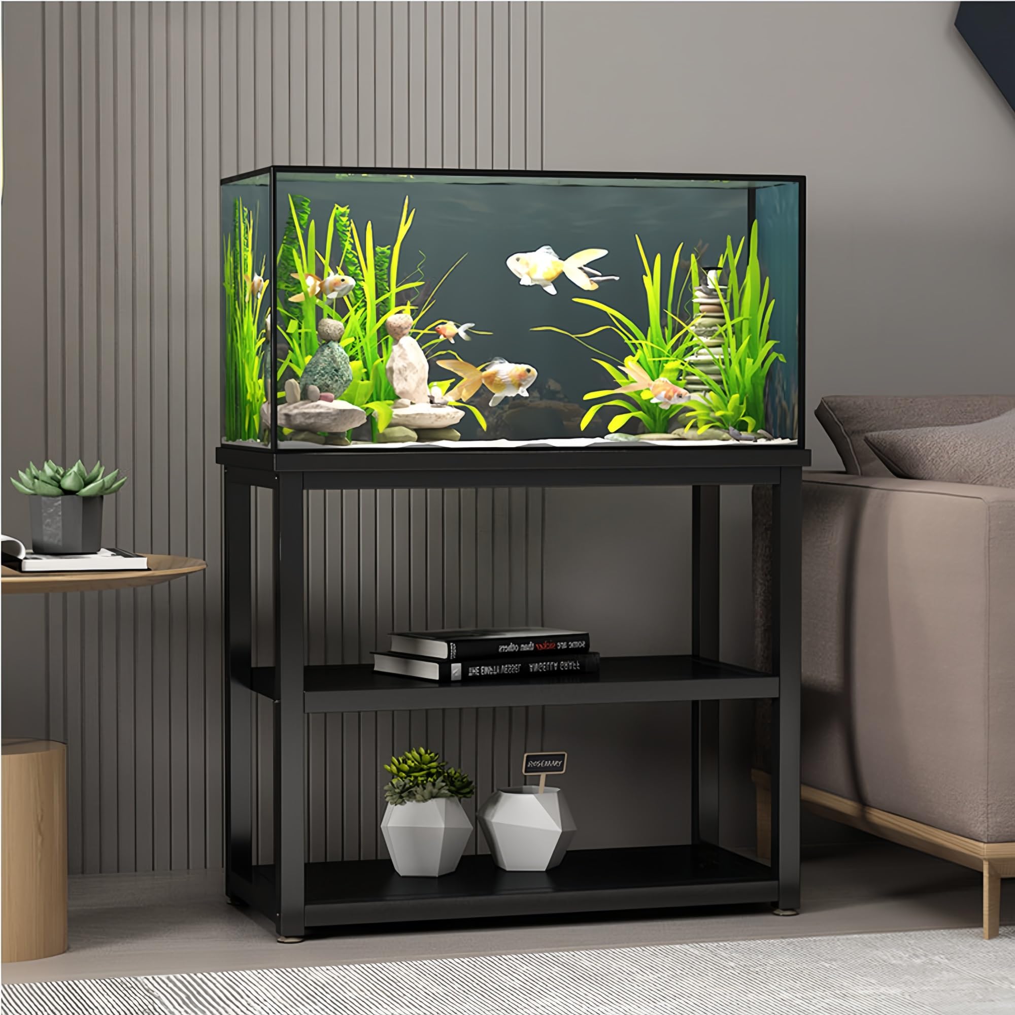 Trójpoziomowy stojak na akwarium, stół do akwarium dla żółwia, duża nośność, metalowe okucia, duża przestrzeń do przechowywania, idealny do salonu i biura (wszystkie czarne, 70 x 30 cm)