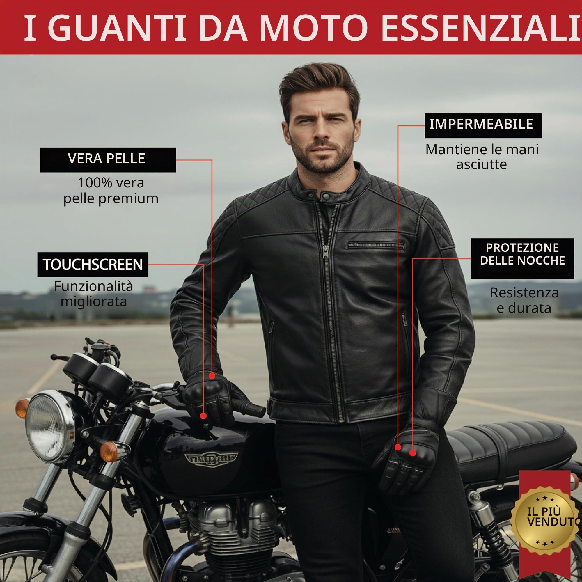 Guanti invernali da moto in pelle di alta qualità, impermeabili, antivento, per touch screen, caldi e con nocche rigide (guanti da crociera in pelle nera, taglia XL)