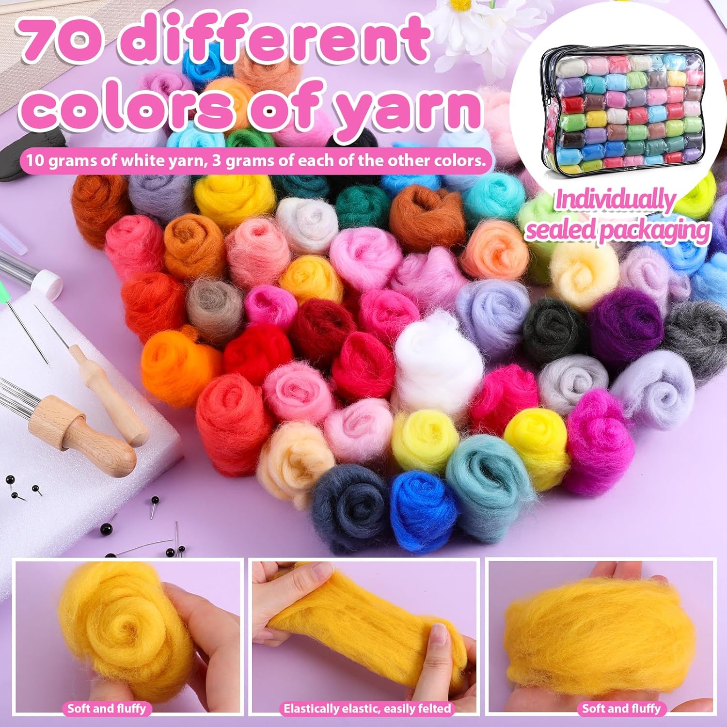 Lyksgir 70 Colors Needle Felting Kit, Wool Roving Set, Wool Felting Tool Starter Kit, for DIY Needle Feltings Beginners