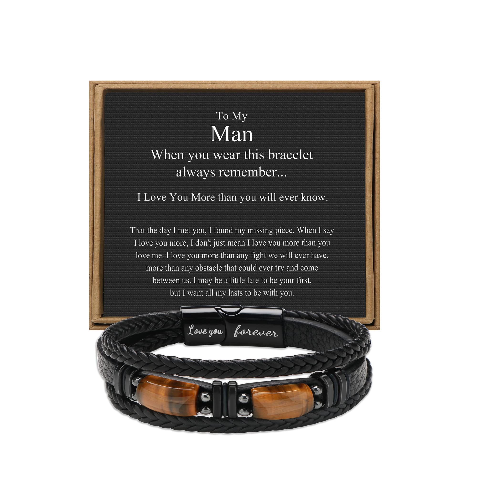 Gifts for Men Leather Bracelets With Tigers Eyes Love You Forever Bracelet