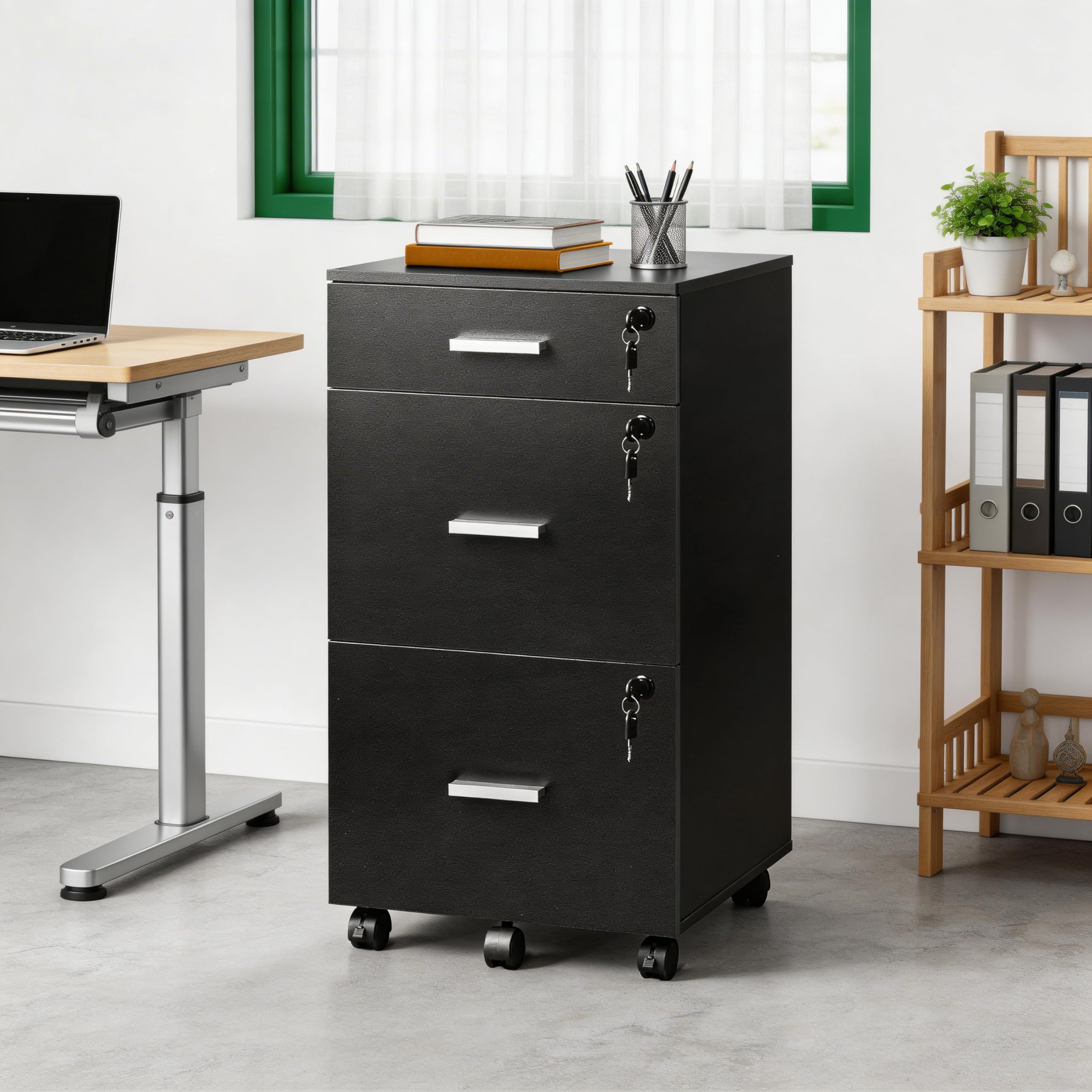 DEVAISE Caisson de Bureau 3 Tiroirs Verrouillable, Meuble sous Bureau avec Support Imprimante, Rangement pour Formats Lettre/Légal/A4, Noir