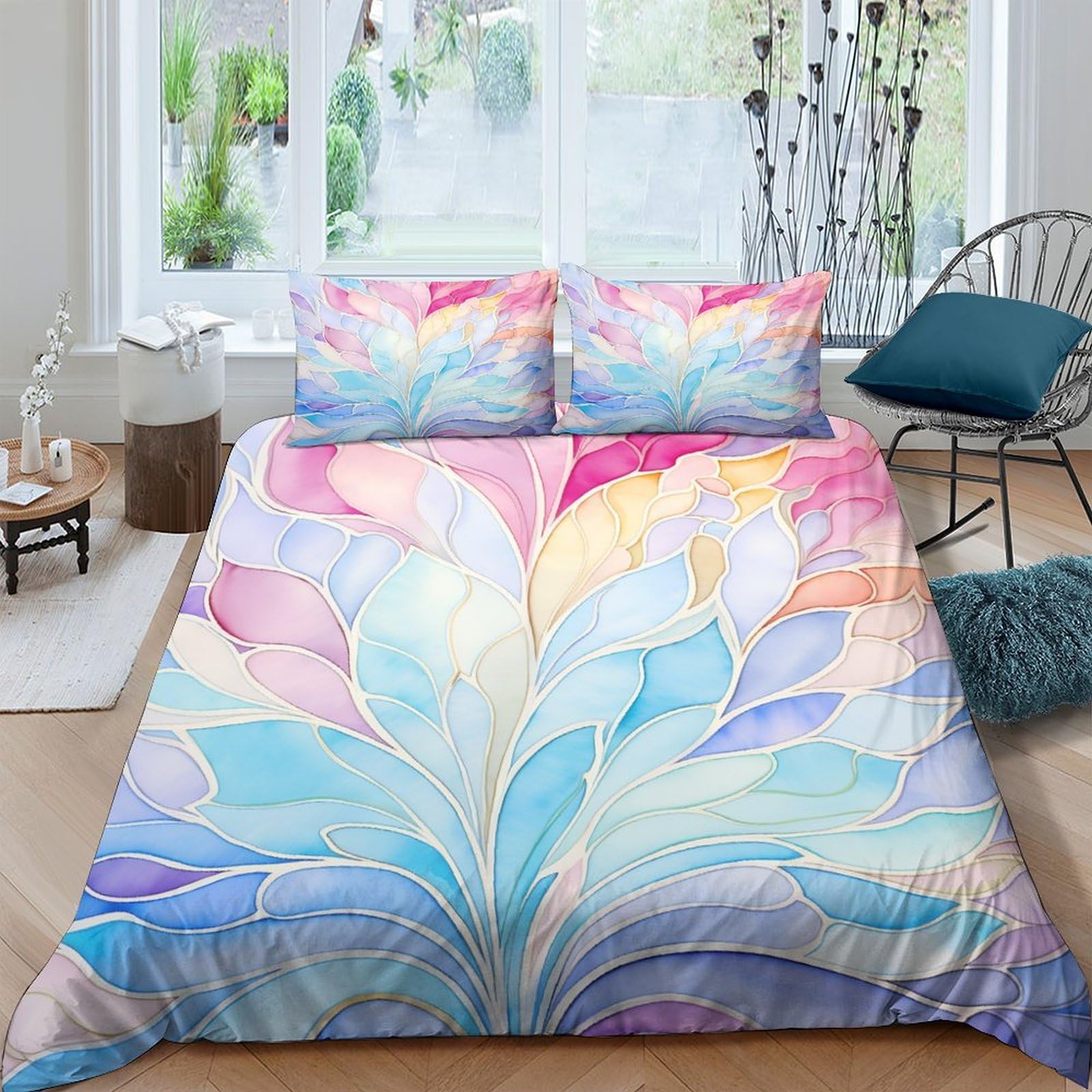 Housse de couette motif lotus 3D avec 2 taies pour lit enfant et ado