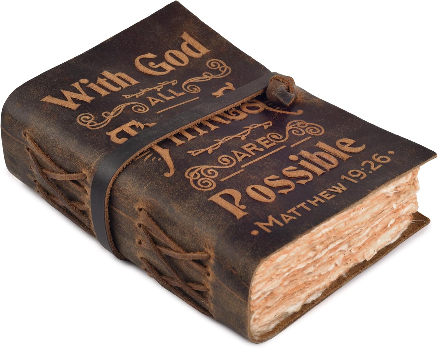 LEATHER VILLAGE Leather Bound Vintage Bible Journal – 200 Pages Handmade Christian Embossed Prayer Journal for Men & Women – 200 GSM Deckle Edge Watercolor Paper – Brown - 10X7 inches