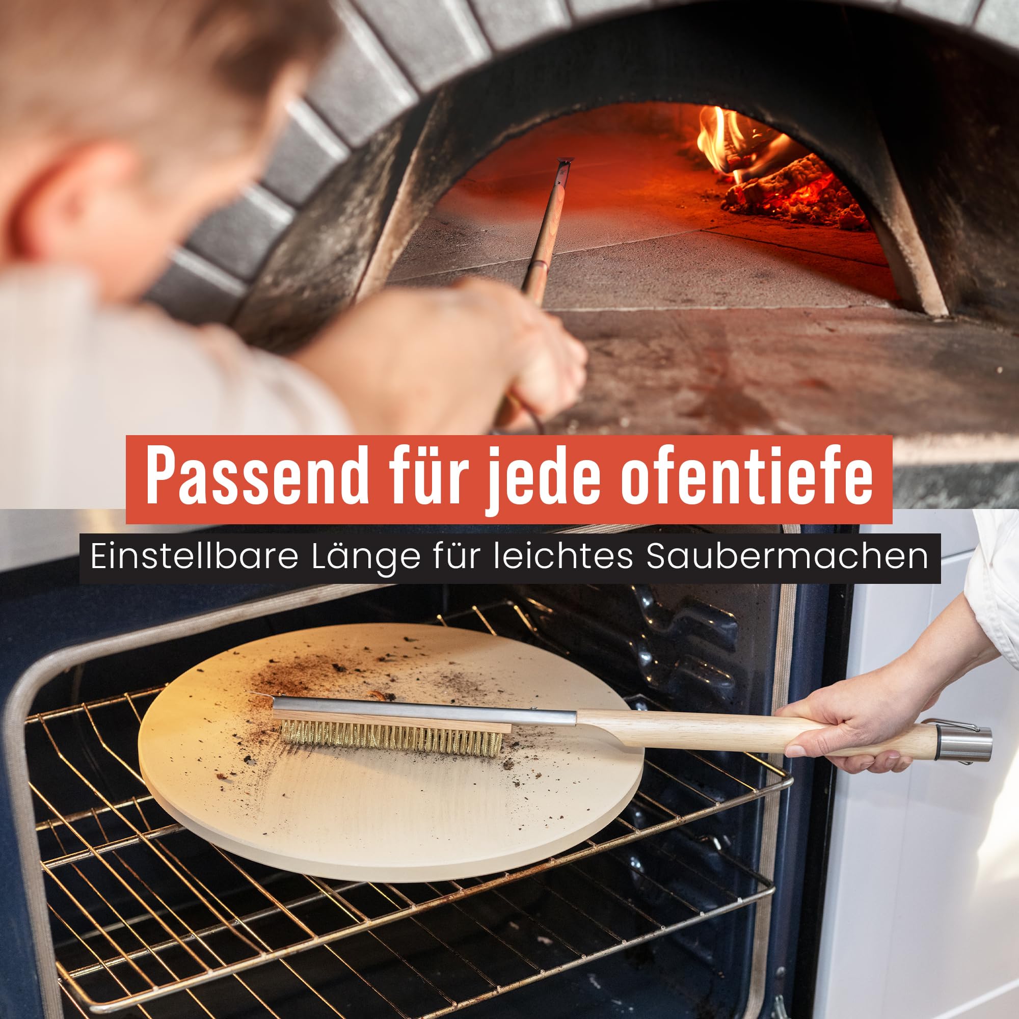 Chef Pomodoro Pizzaofen-Bürste mit Schaber – Verstellbarer Griff (55cm bis 87.7cm), Pizzastein-Bürste, Reinigungsbürste für Pizzaöfen, Outdoor-Pizzaöfen, BBQ-Grills und Öfen