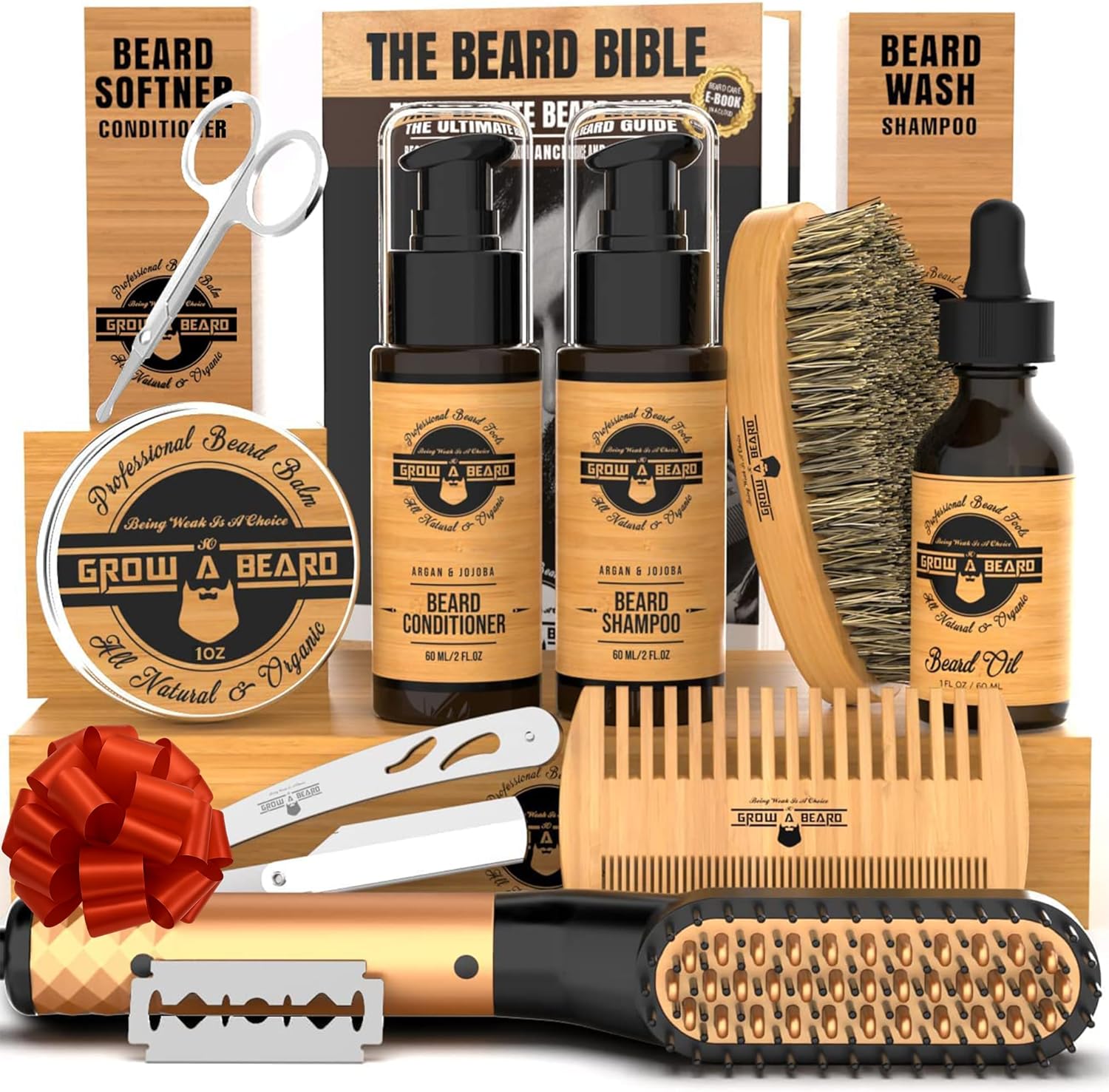 Beard Straightener Grooming Kit for Men, Beard Growth Kit, Wash, Brush & Comb, Unscented Growth Oil, All Natural Sandalwood Balm, Conditioner, Razor & Scissors, Great Gift Idea for Men’s (Bamboo)