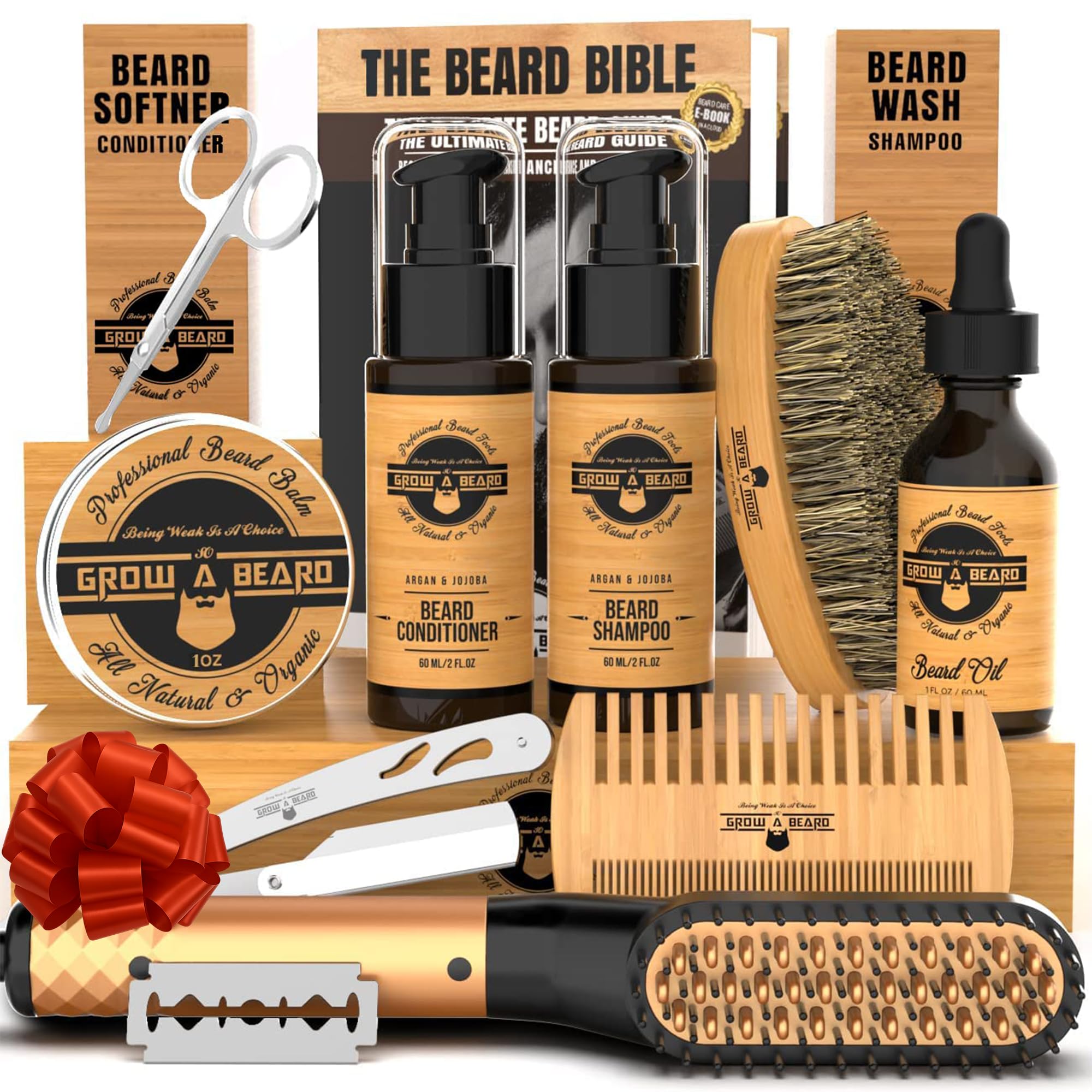 Beard Straightener Grooming Kit for Men, Beard Growth Kit, Wash, Brush & Comb, Unscented Growth Oil, All Natural Sandalwood Balm, Conditioner, Razor & Scissors, Great Gift Idea for Men's (Bamboo)
