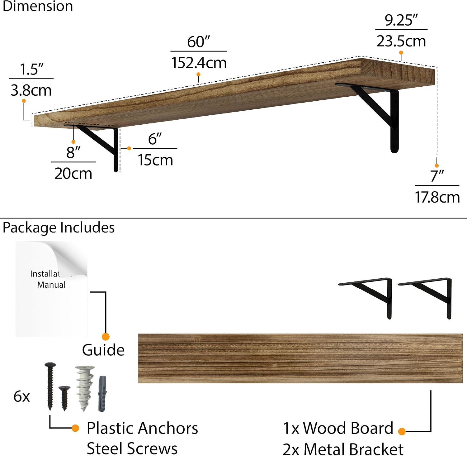 Wallniture 60” Floating Shelf with Metal Brackets, Real Wood Wall Shelf 9.25” Deep x 1.5” Thick, Rustic Farmhouse Wall Mounted Shelf for Living Room, Kitchen, Bedroom, Bathroom, Office, Burnt Finish