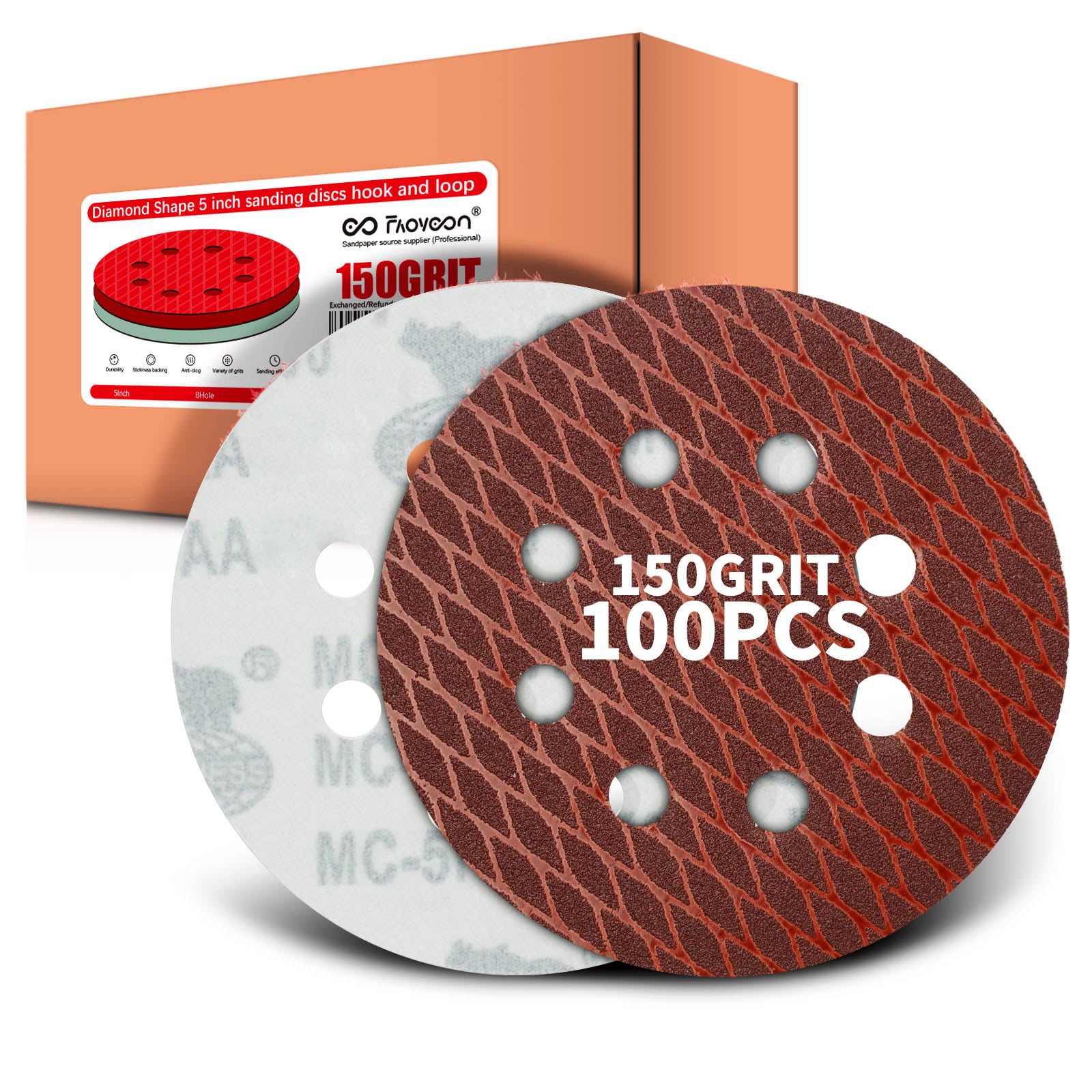 Faoyoon 150 grit Sanding Disc 5 Inch 8 Hole Hook and Loop, Diamond Shape Sand Paper for Woodworking & Automotive etc, Sanding Pads for Random Orbital