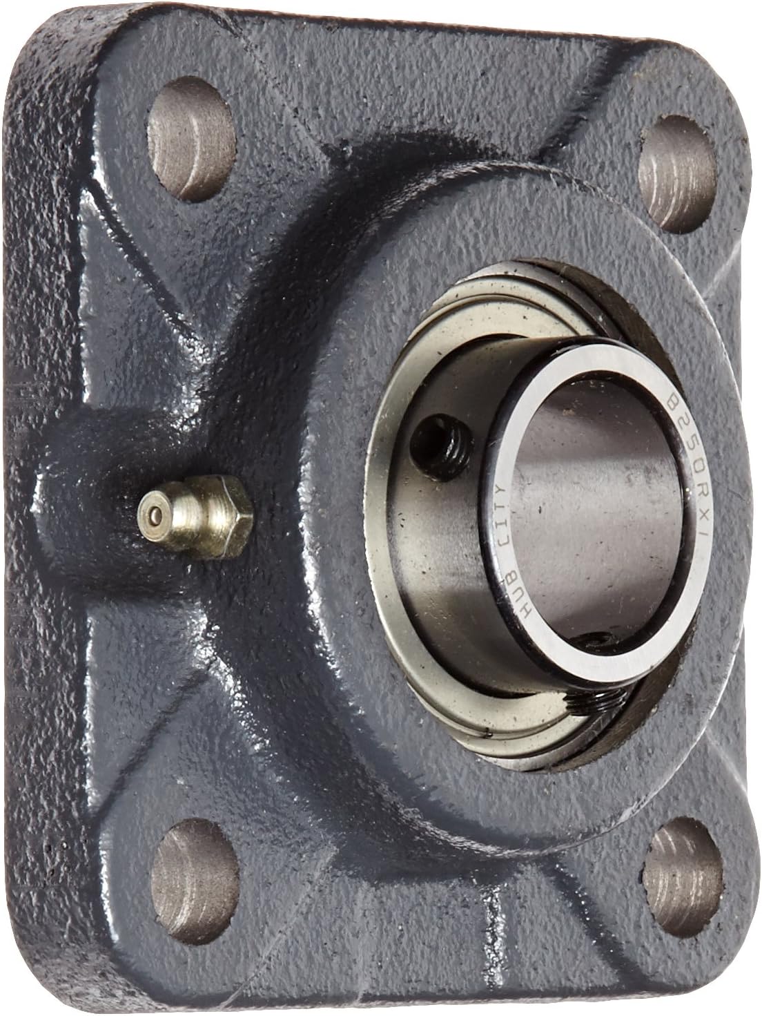 Hub City FB250URX1 Flange Block Mounted Bearing, 4 Bolt, Normal Duty, Relube, Setscrew Locking Collar, Narrow Inner Race, Cast Iron Housing, 1" Bore, 1.398" Length Through Bore, 2.756" Mounting Hole Spacing