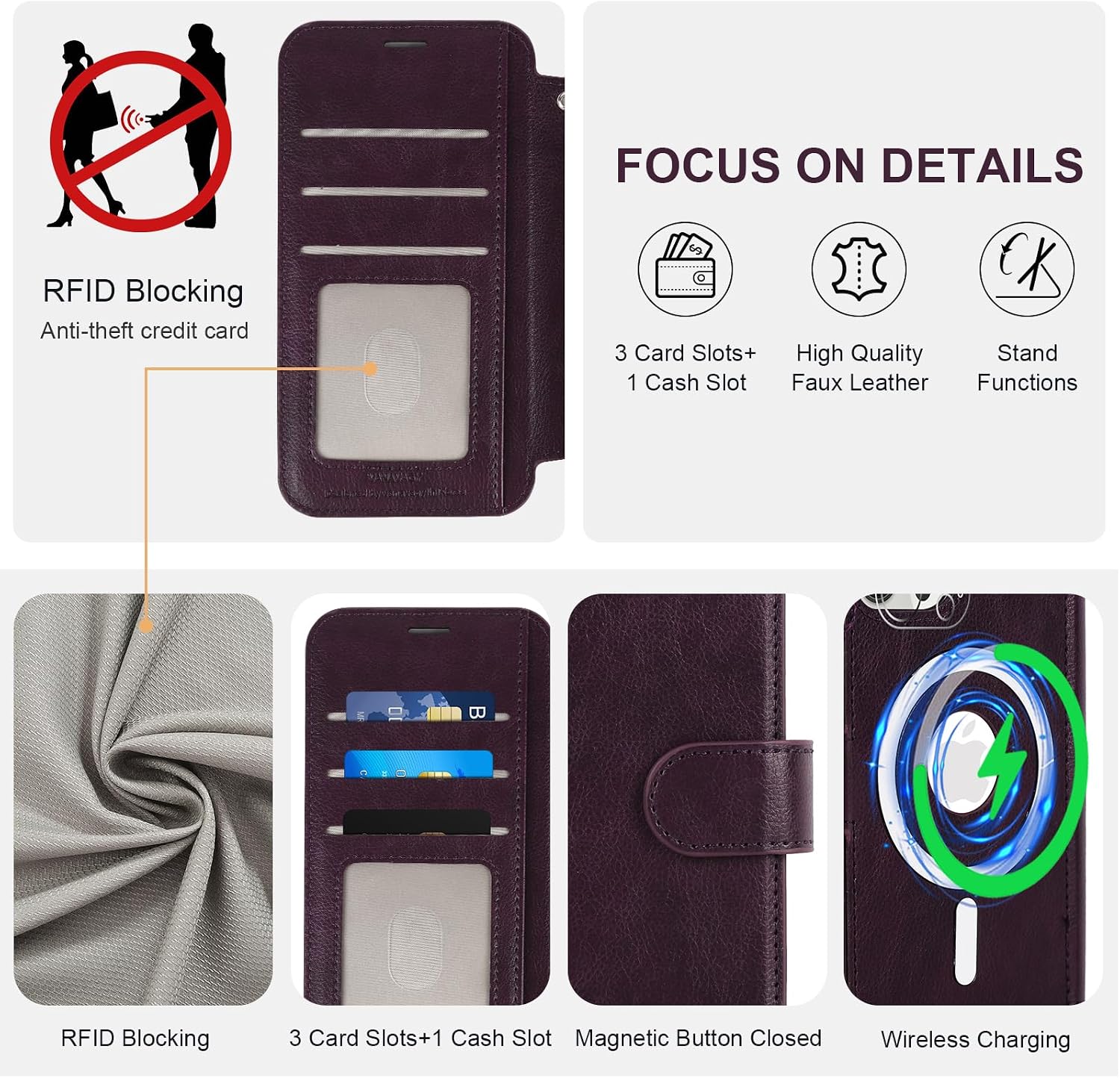 VANAVAGY Compatible for iPhone 13 Pro Max Wallet Case for Magsafe Wireless Charging, PU Leather Flip Folio Phone Case with Wrist Strap RFID Blocking Card Holder Screen Protector, Purple