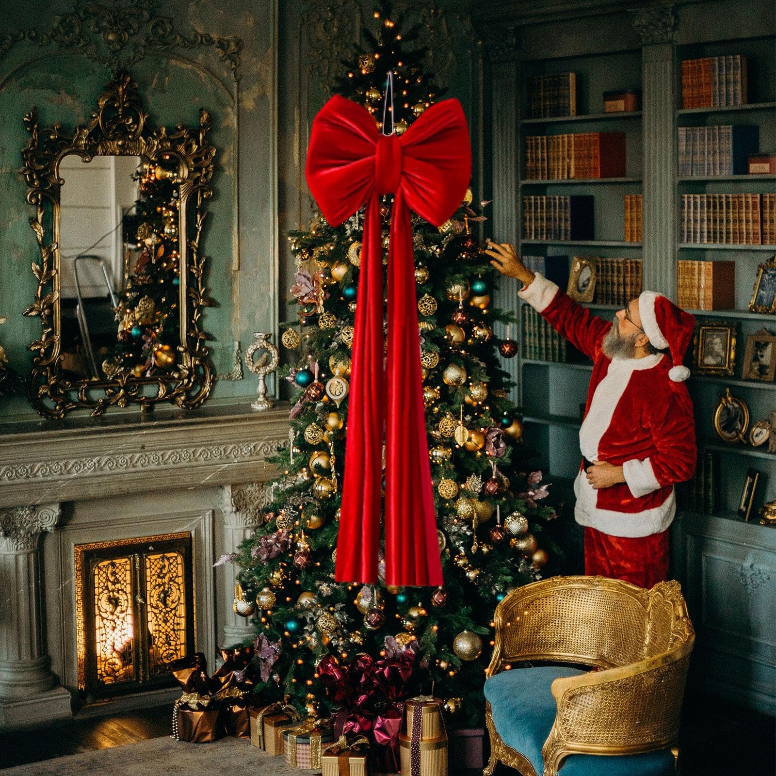Fiocco Di Natale in Velluto, Fiocco Gigante per Albero Di Natale 80 * 40 Cm, Decorazioni Natalizie per Ghirlande Su Porte, Davanzali, Caminetti, Scale, Matrimoni- Rosso