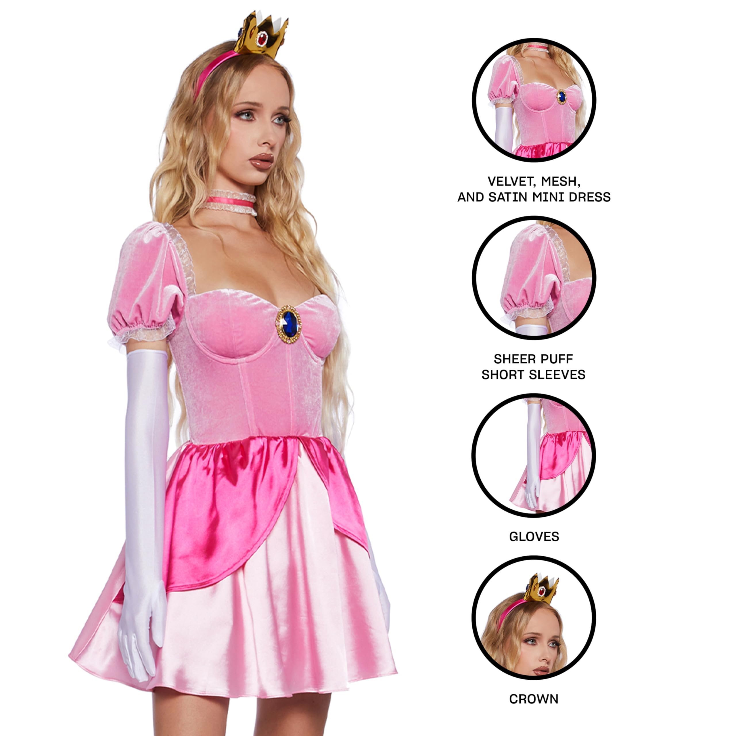 Dolls Kill Super Video Game Princess Inspired Costume - Peach Mini Dress and Crown by Trickz N' Treatz: Medium